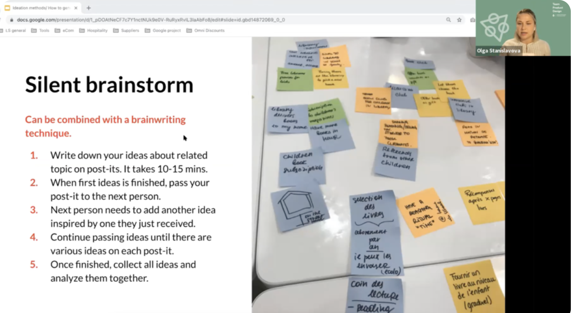 A screen-shared slide titled Silent brainstorm explaining a brainwriting ideation technique