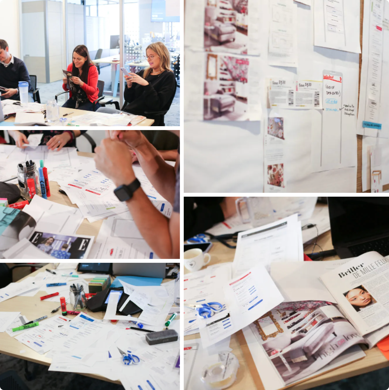Collage from the belairdirect ideation workshop: teammates cutting and pinning magazine clippings, marker-covered tables, and a wall of pasted-up paper offer-page concepts