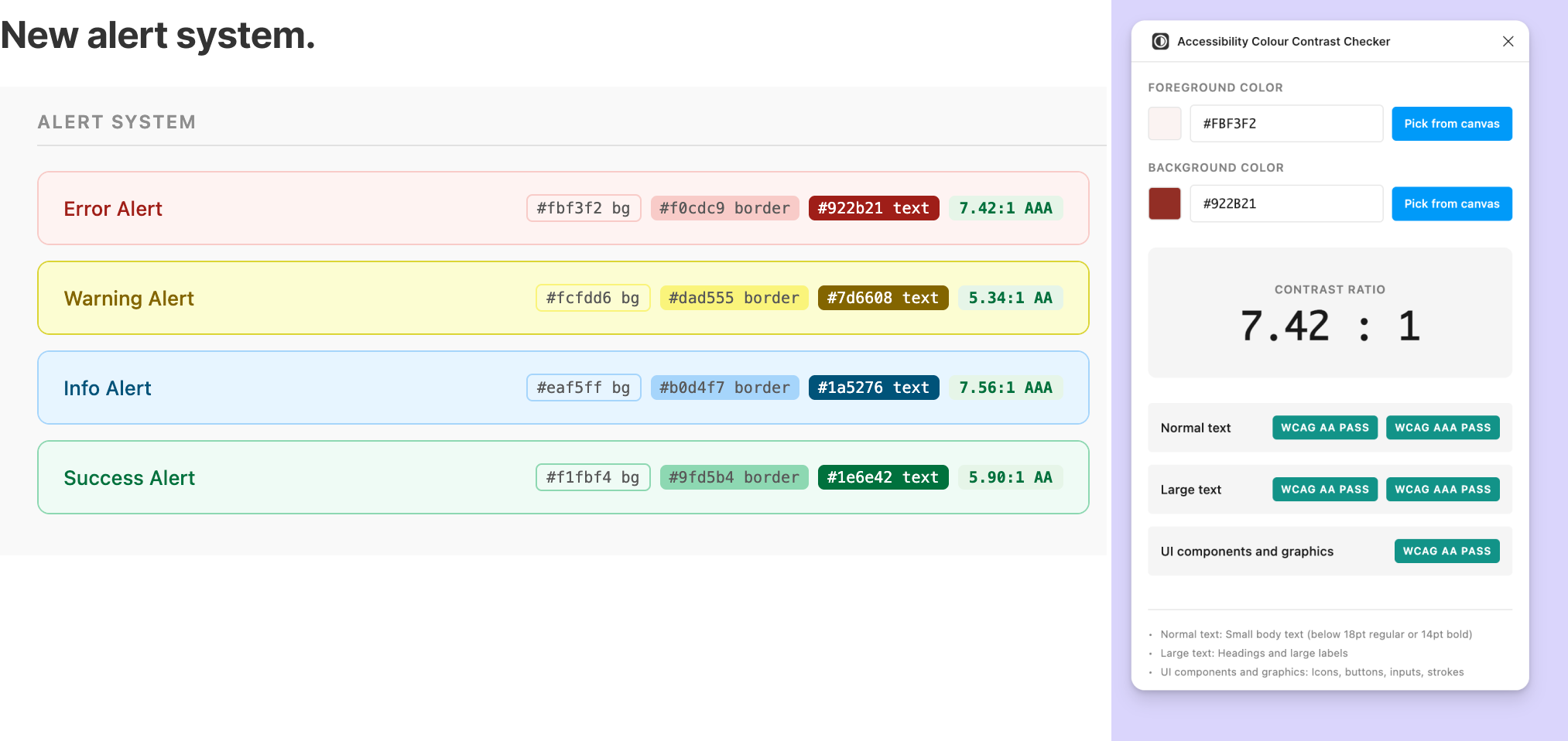 New accessible alert system: error, warning, info, and success alerts, each with documented bg/border/text tokens and contrast ratios all passing WCAG AA or AAA
