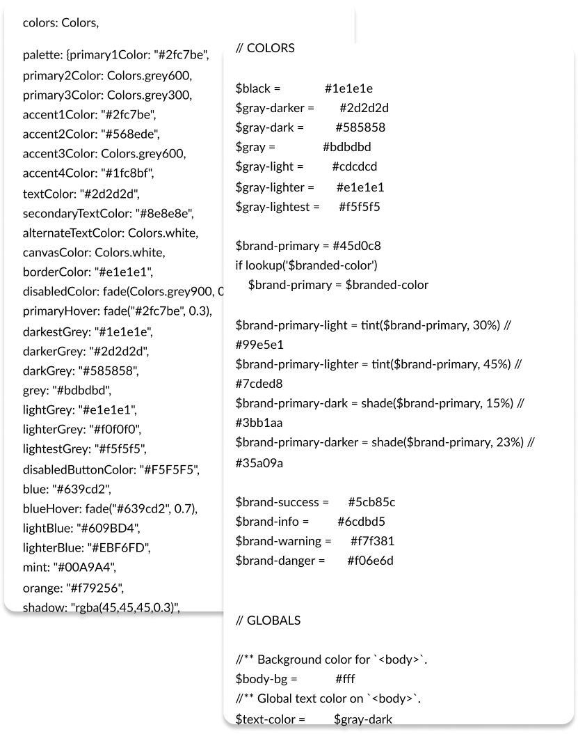 Engineering's color stylesheets - raw SCSS and palette variables - mapped into semantic design tokens in Figma