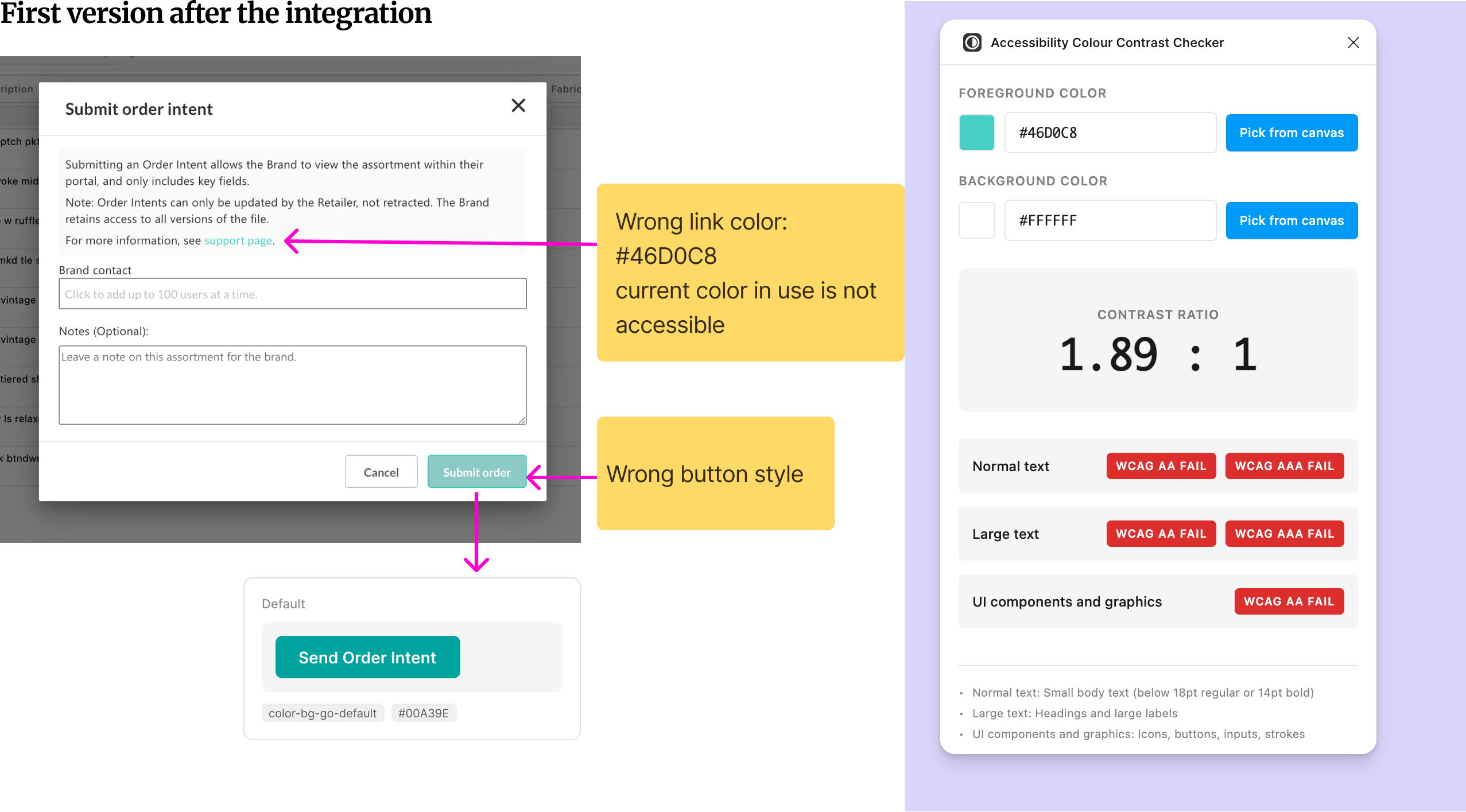 First version after integration: the Submit order intent modal with a mint support link at 1.89:1 contrast (WCAG fail) and a mis-styled submit button, beside a contrast-checker panel showing WCAG AA and AAA failures