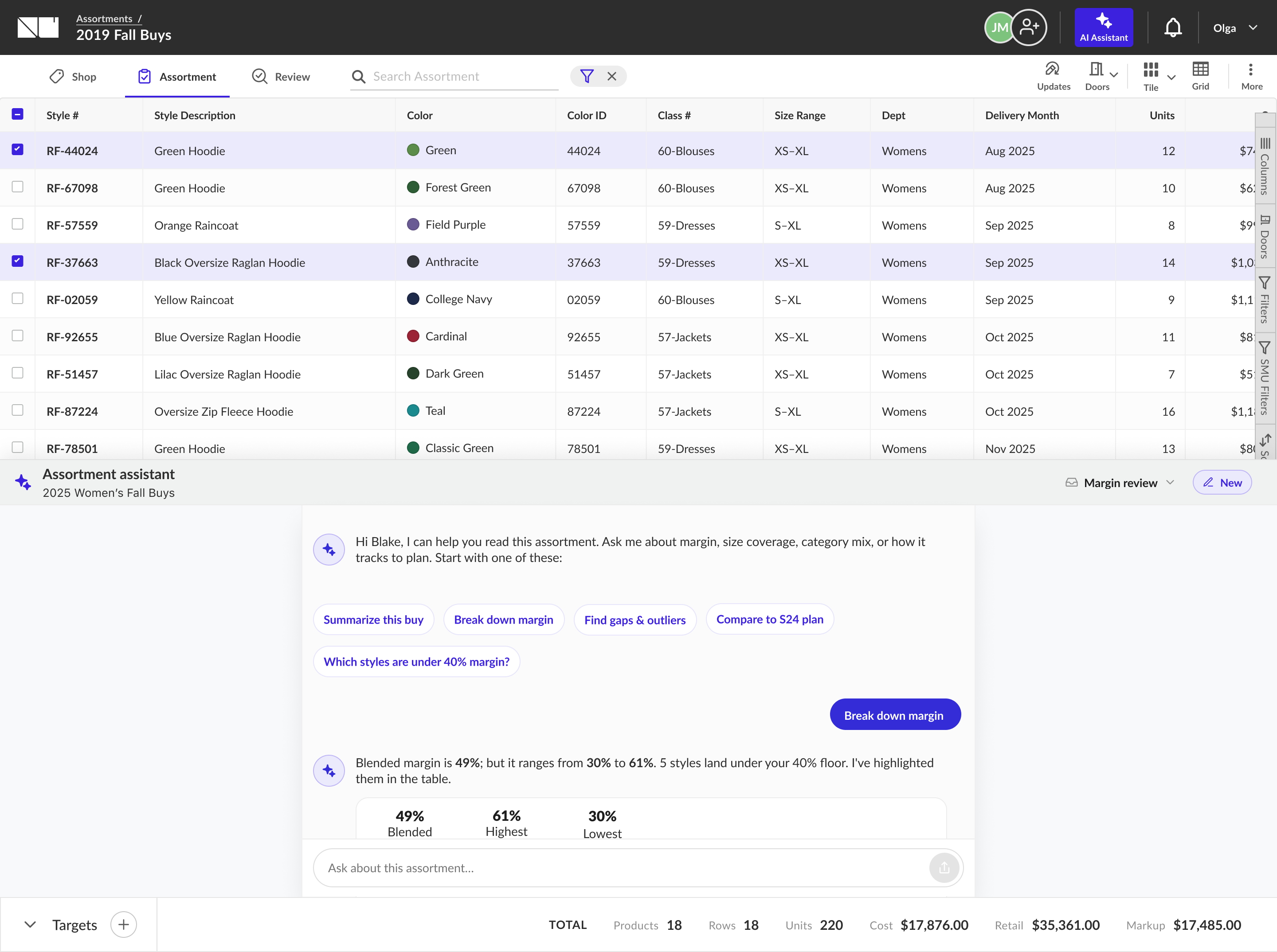 AI assistant docked as a bottom sheet that expands upward from the bottom edge of the assortment grid, showing the conversation and a margin breakdown while the table rows stay readable above