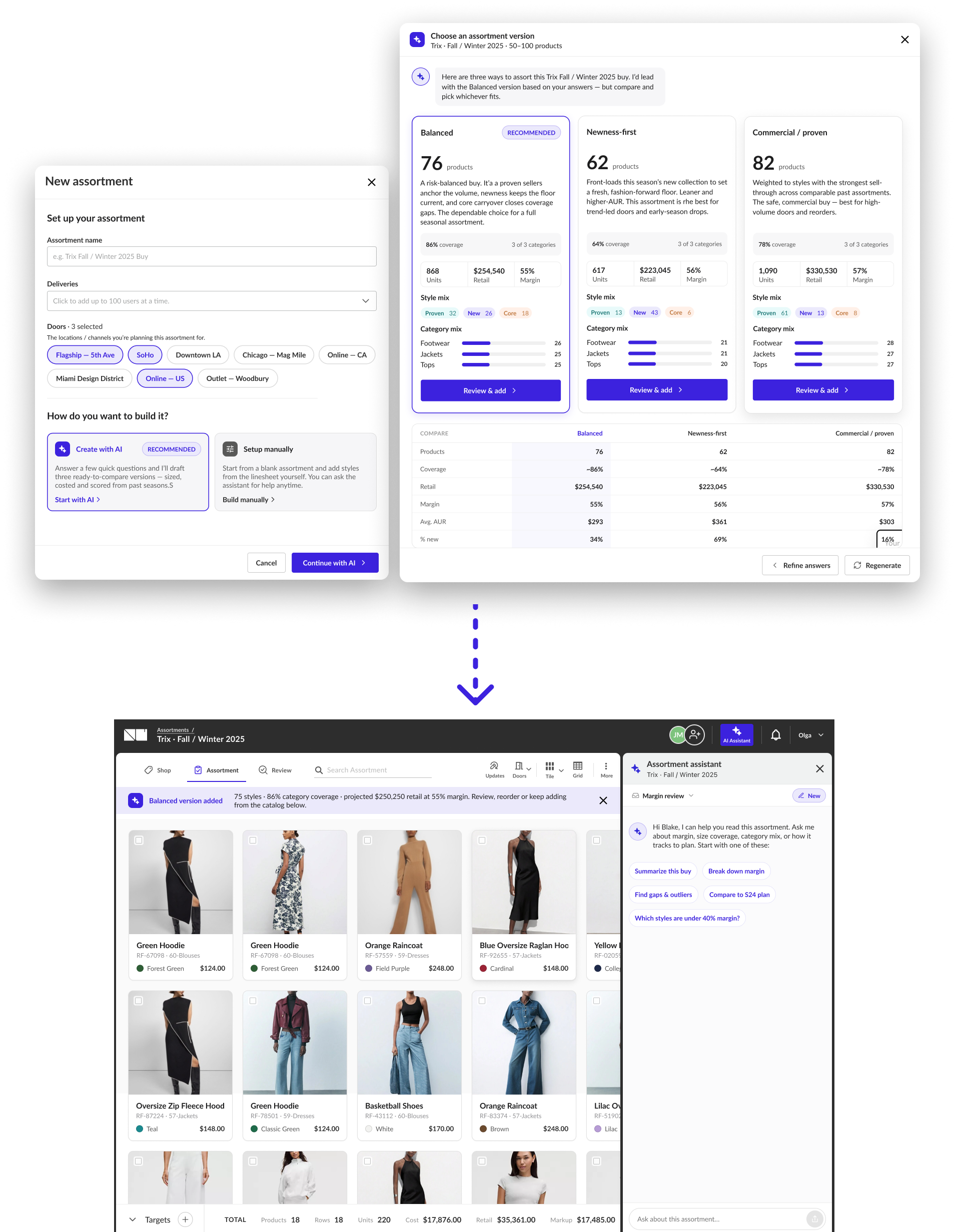 AI Assortment Assistant - the new-assortment setup and AI version chooser handing off into a generated assortment grid with the assistant open beside it