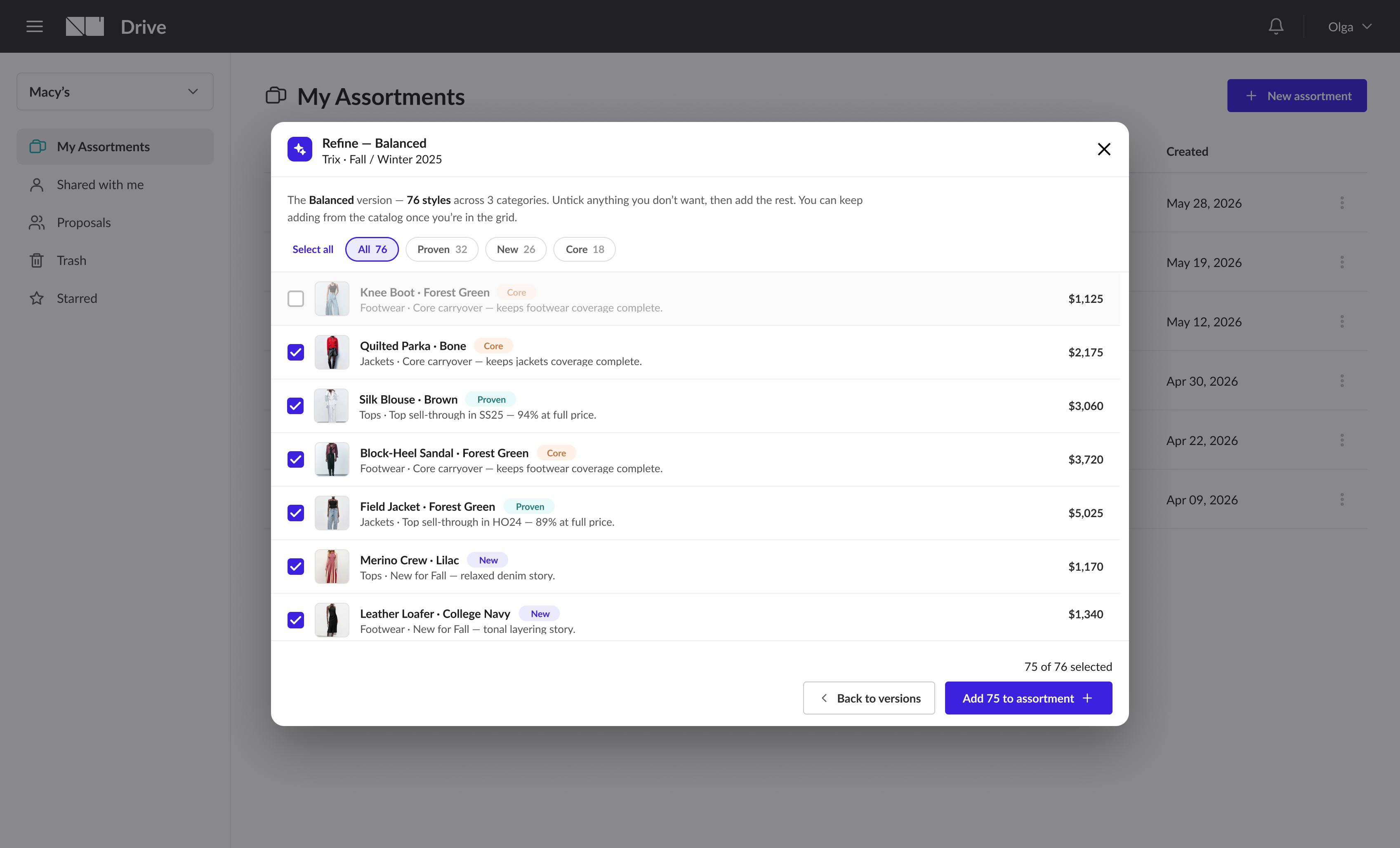 Refine - Balanced review screen: a list of 76 styles with checkboxes, Proven/New/Core badges and a reason on each row, with 75 of 76 selected and an Add 75 to assortment button