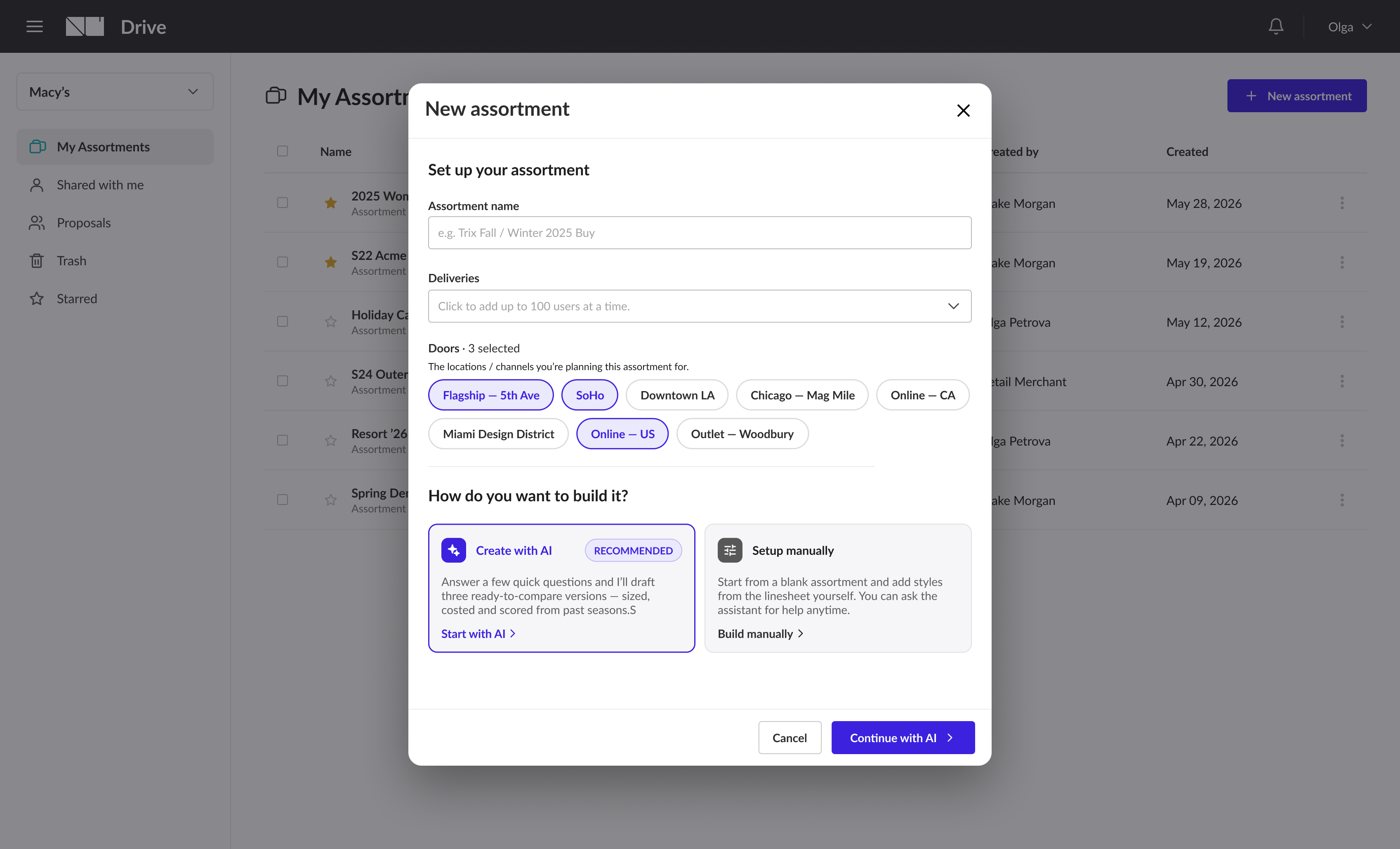 New assortment modal with an assortment name field, deliveries selector, door chips, and two paths: Create with AI (recommended) or Setup manually