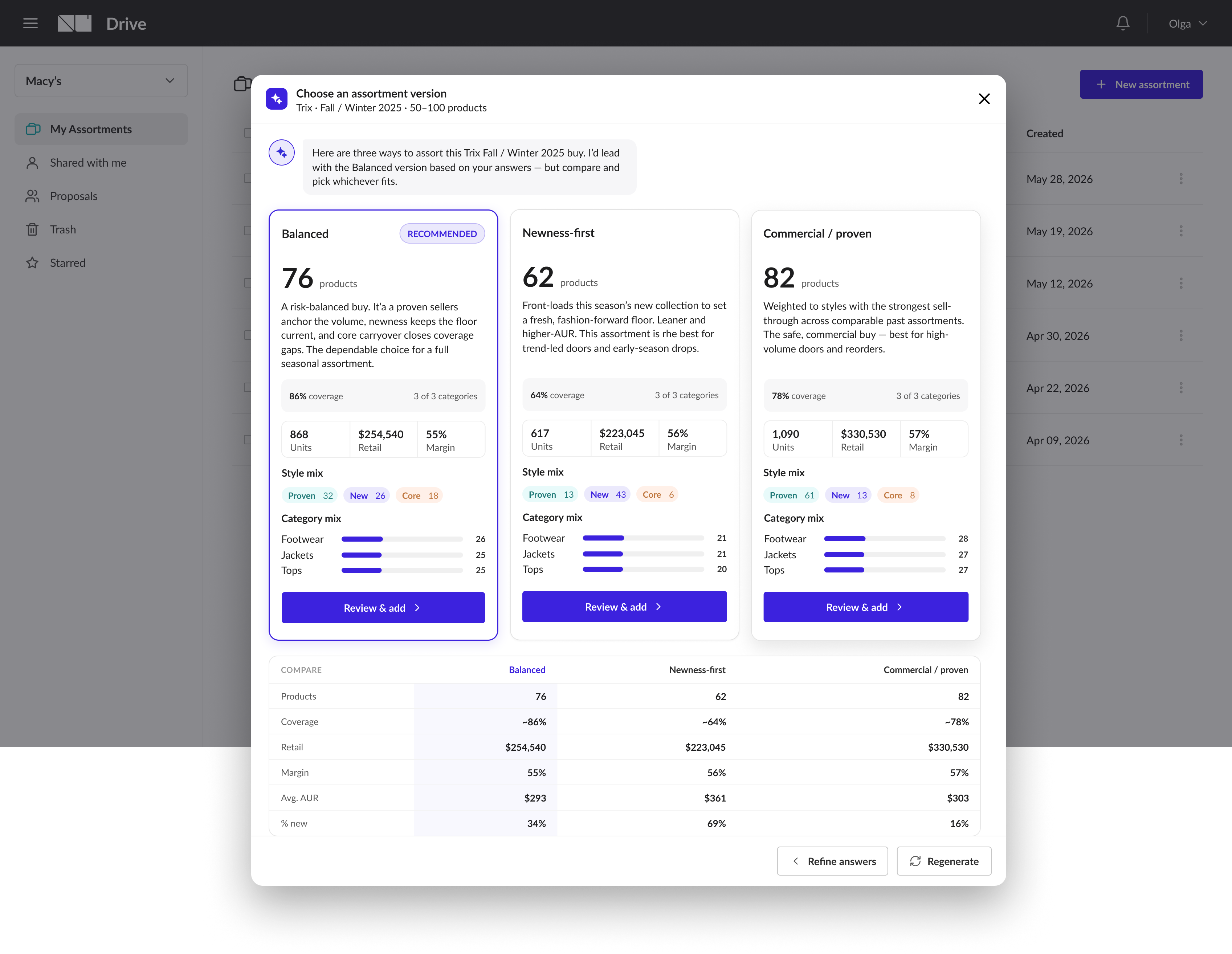 Choose an assortment version screen: three cards - Balanced (recommended) with 76 products, Newness-first with 62, Commercial/proven with 82 - each with coverage, units, retail, margin, style mix and category mix, above a compare table