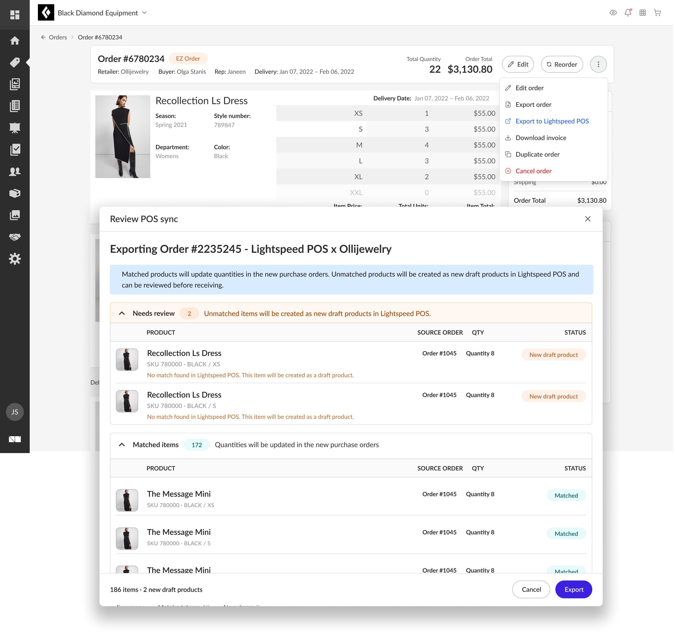 Review POS sync - exporting a NuORDER wholesale order to Lightspeed POS, matching products and flagging unmatched items as new draft products before export