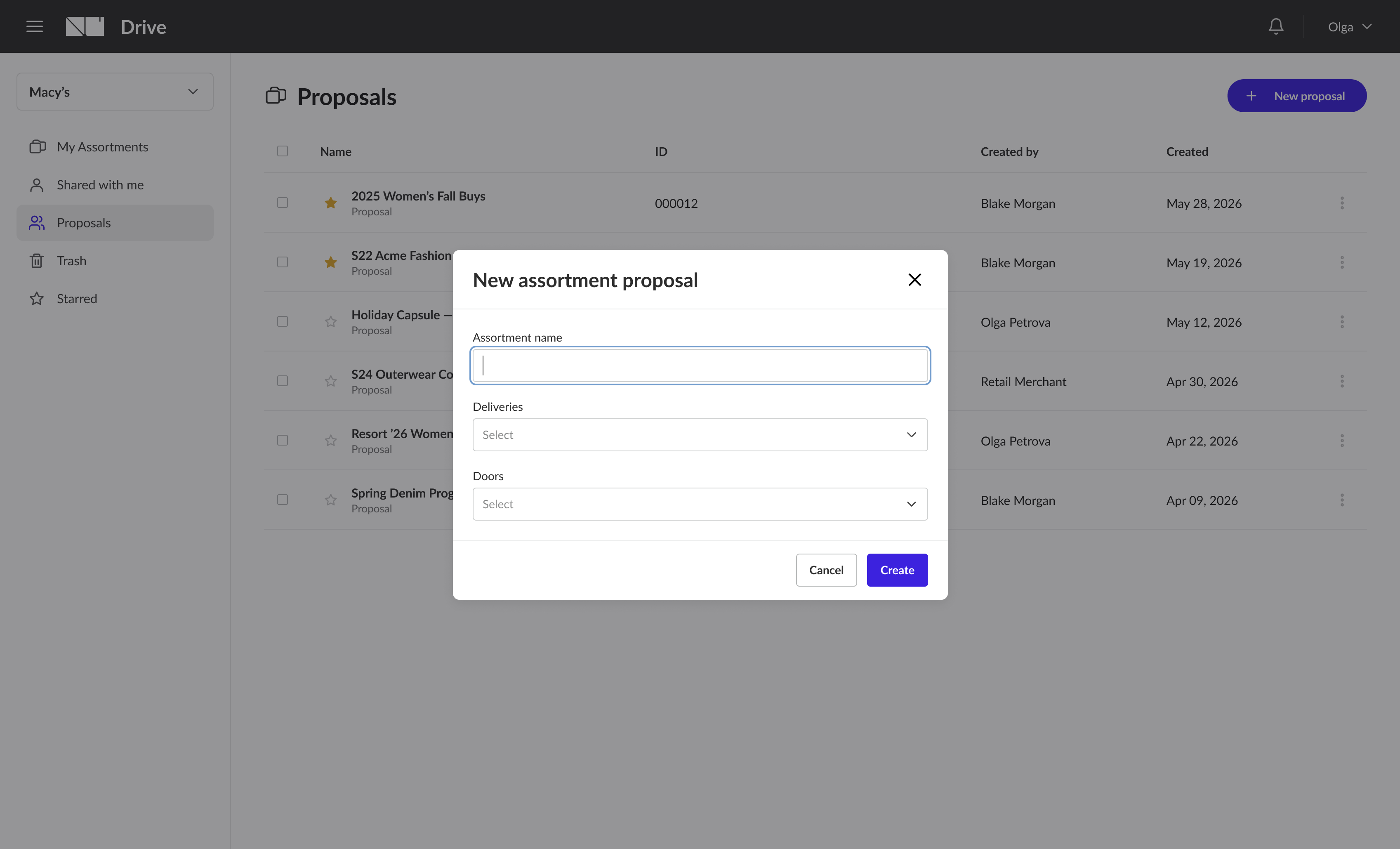 New assortment proposal modal over the Proposals list, with fields for assortment name, deliveries, and doors, and a Create button