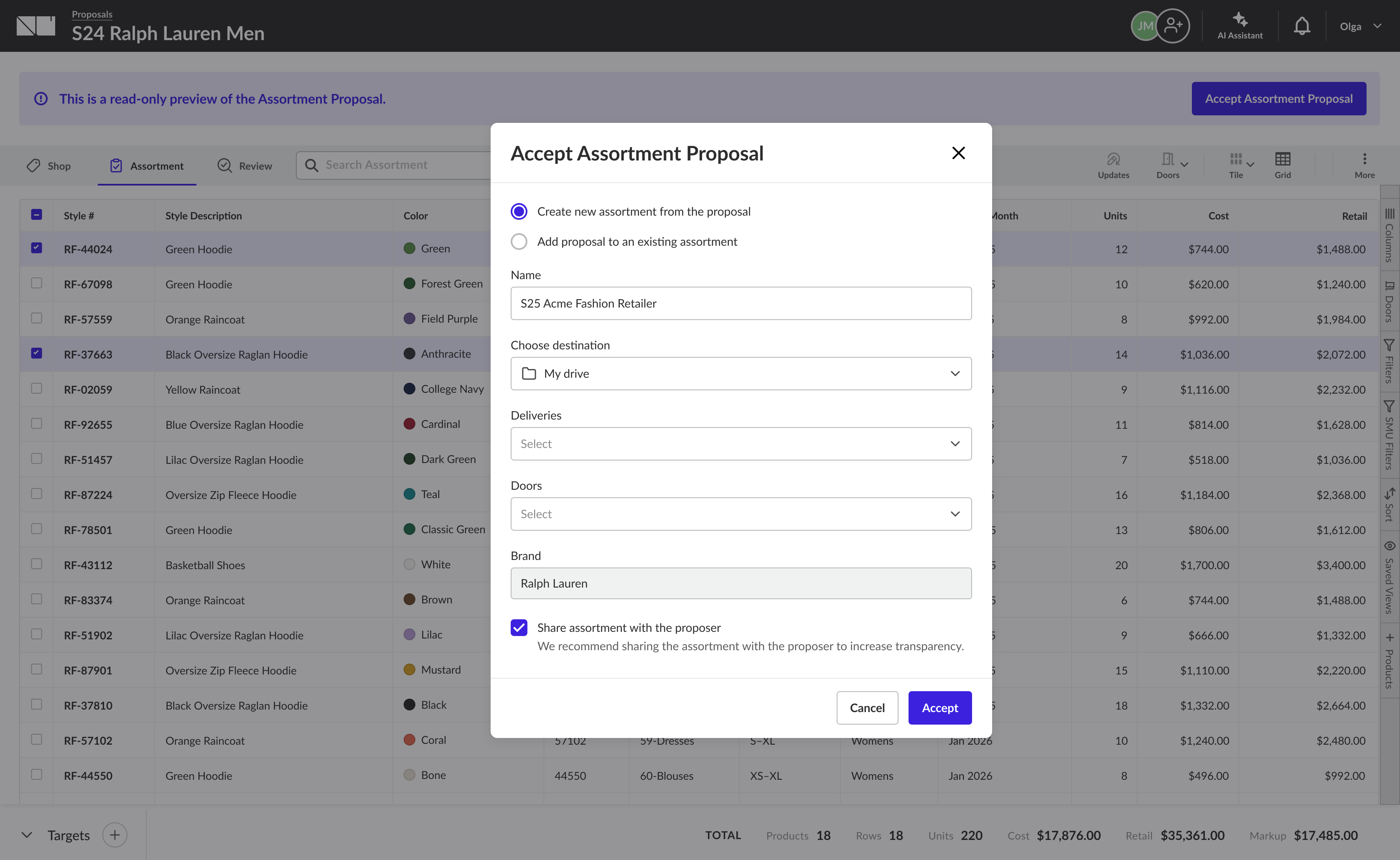 Accept Assortment Proposal modal with options to create a new assortment from the proposal or add it to an existing one, a name field, destination, deliveries, doors, a pre-filled Brand field, and a 'Share assortment with the proposer' toggle
