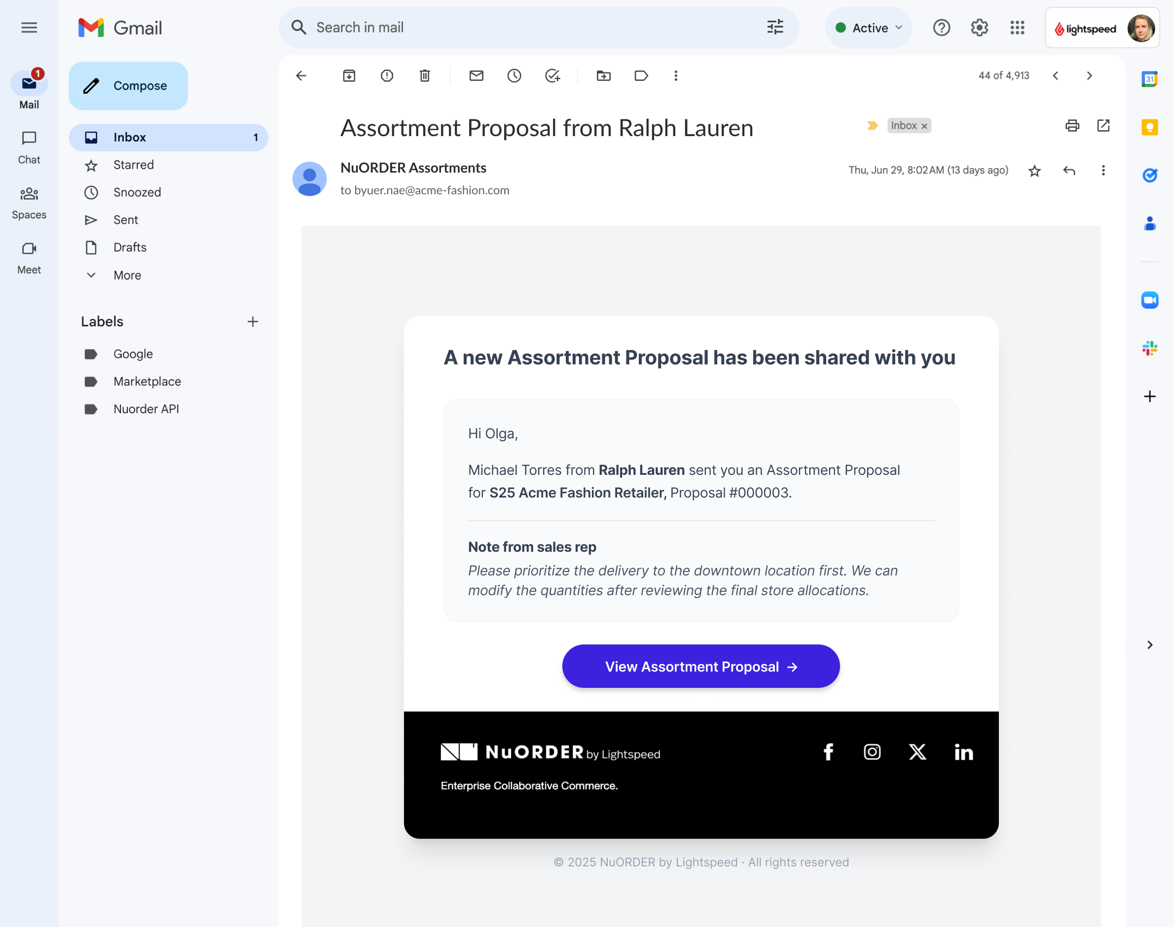 Gmail showing an 'Assortment Proposal from Ralph Lauren' email: a new proposal has been shared, a note from the sales rep, and a View Assortment Proposal button
