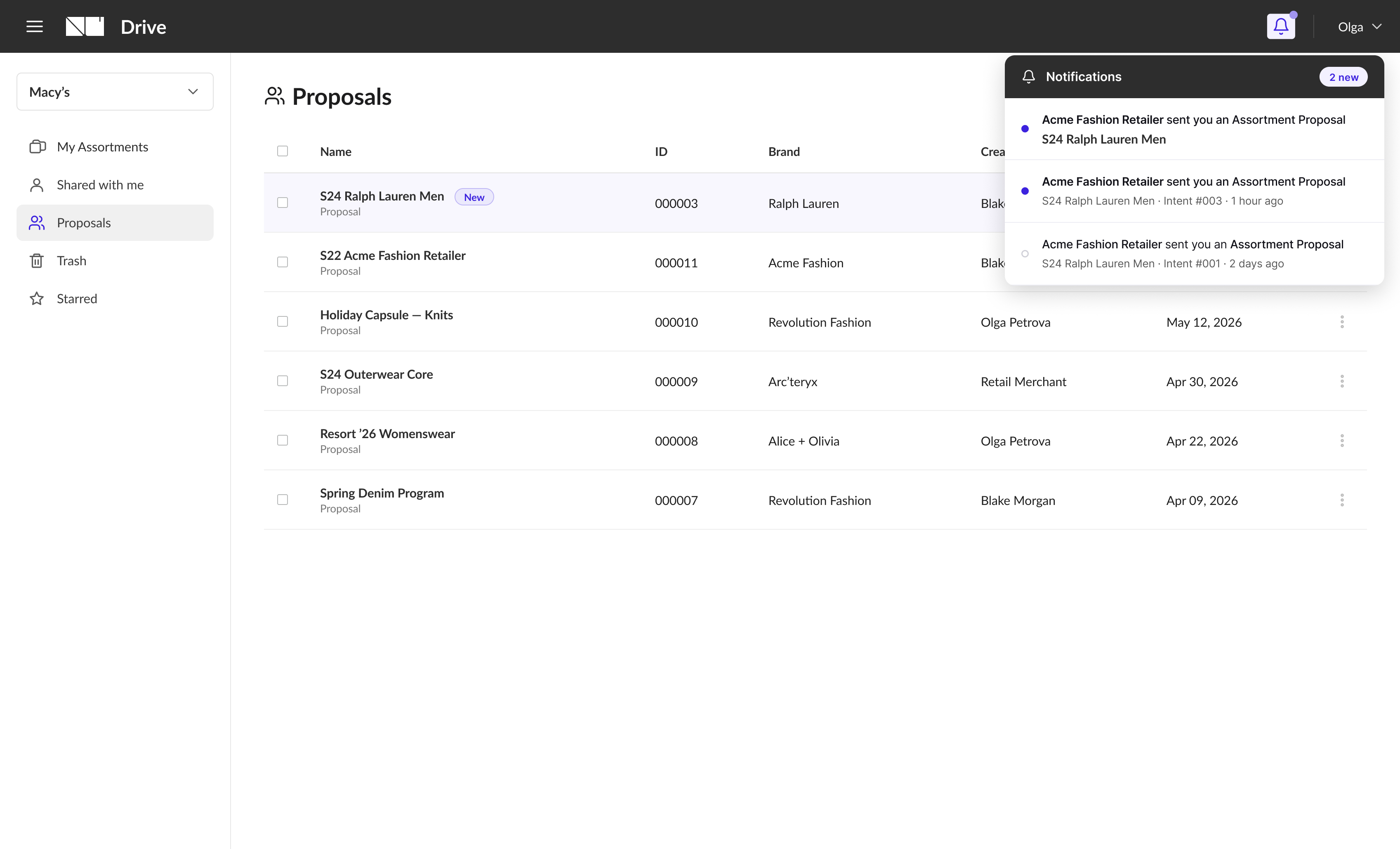 NuORDER Drive Proposals list with the notifications panel open showing 'Acme Fashion Retailer sent you an Assortment Proposal', and the S24 Ralph Lauren Men proposal marked New in the list