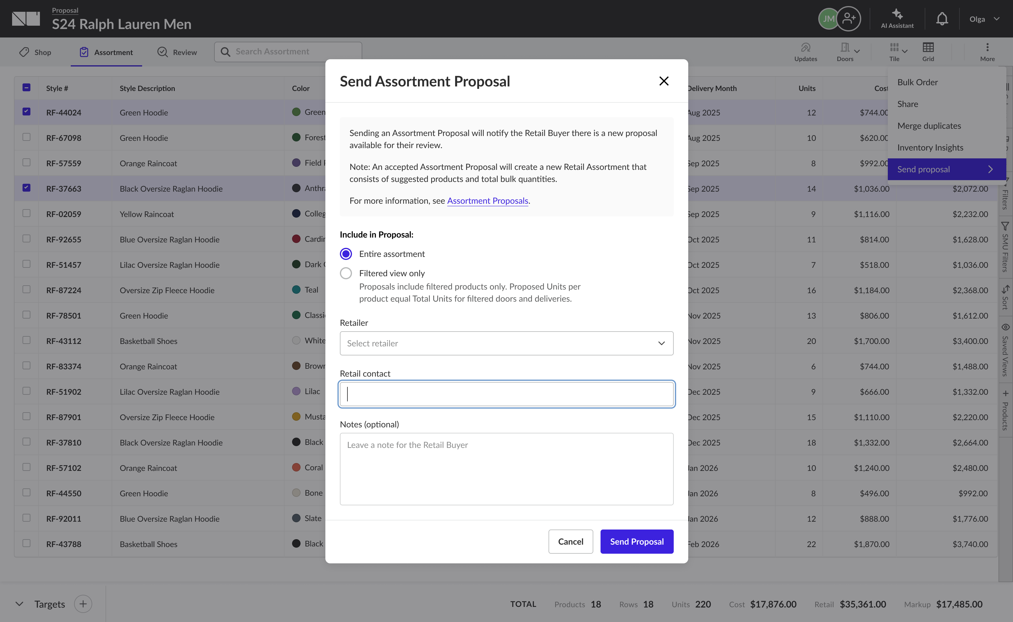 Send Assortment Proposal modal with scope options (entire assortment or filtered view), a retailer selector, retail contact field, and optional note, with a Send Proposal button