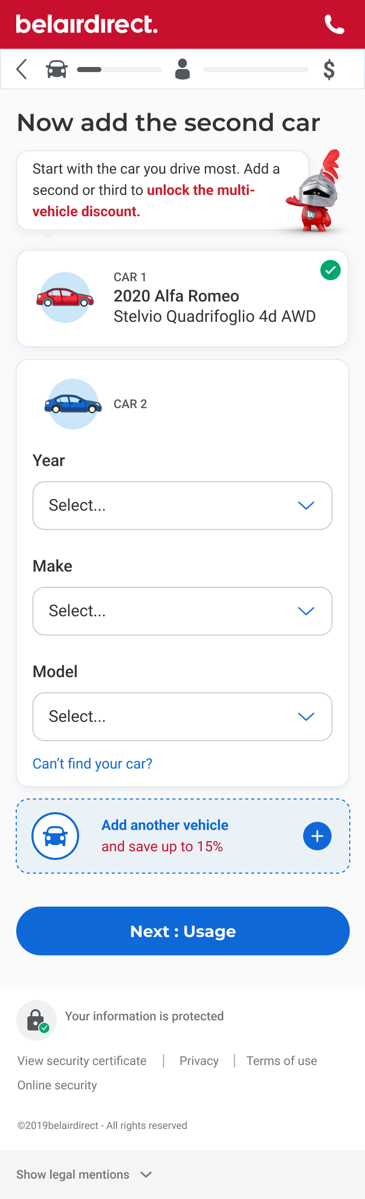 belairdirect mobile screen: One car added, now let's add another car