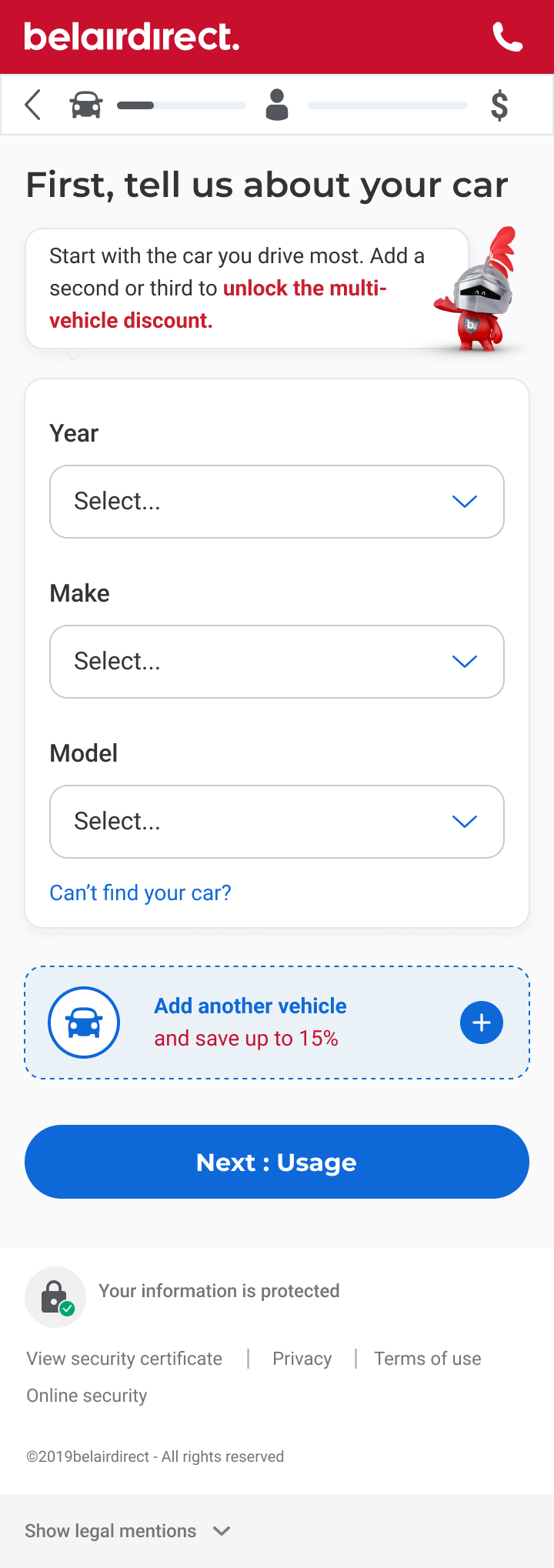 belairdirect mobile screen: First, tell us about your car
