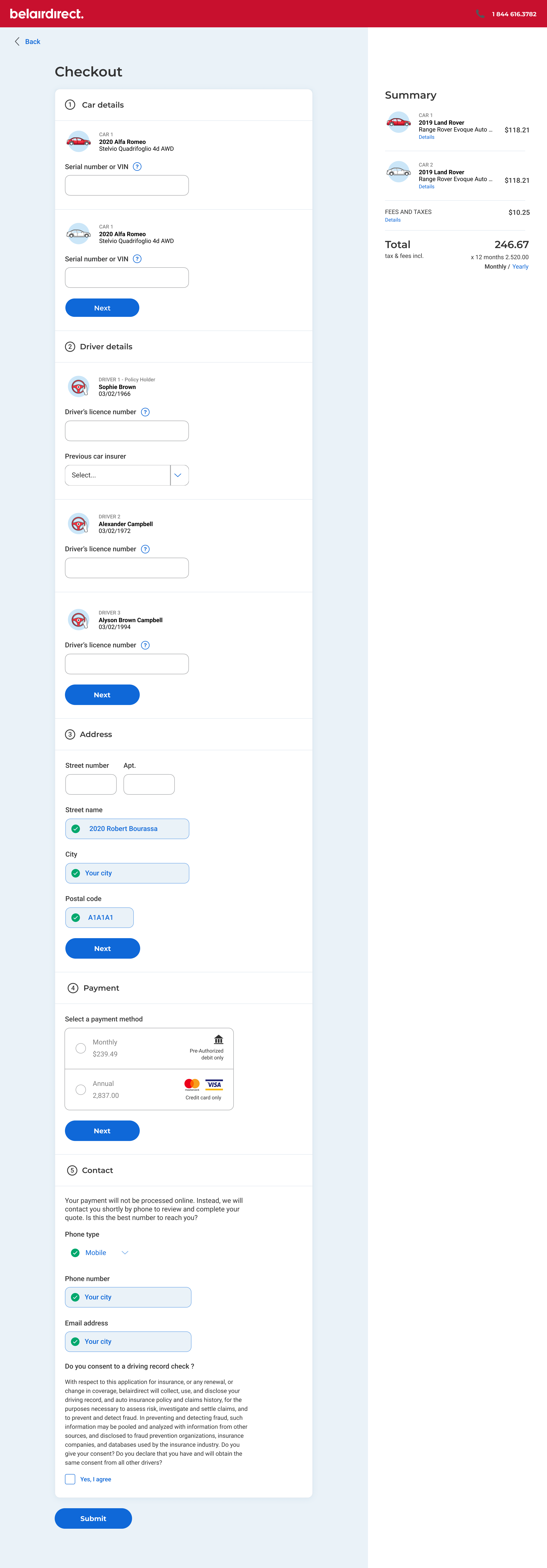 belairdirect desktop checkout: car details, driver details, address, payment method and contact, with an order summary