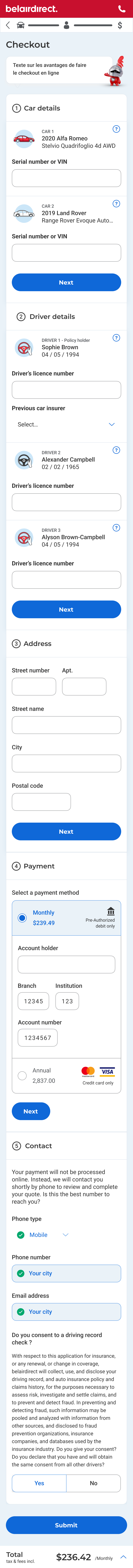 belairdirect mobile checkout with accordion steps for car, drivers, address, payment and contact
