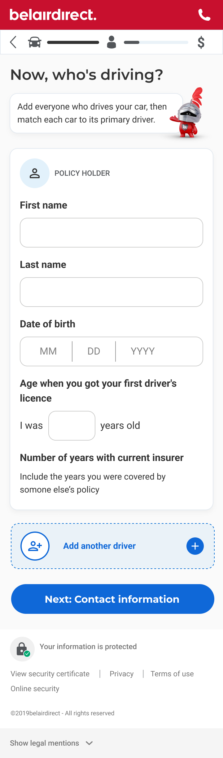 belairdirect mobile screen: Let's talk about you as a driver