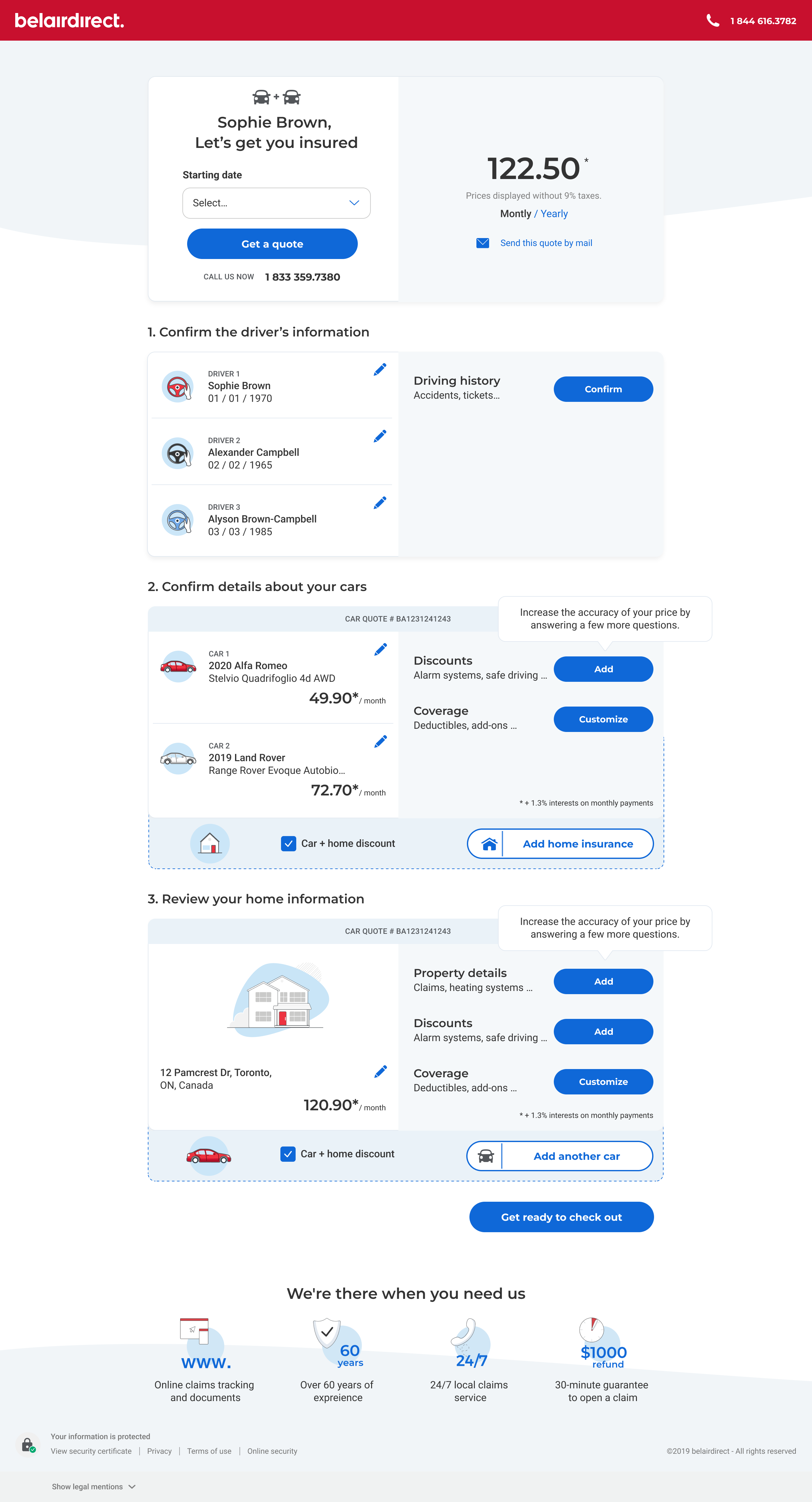 belairdirect offer page - multi-car, multi-driver, with a car and home bundle