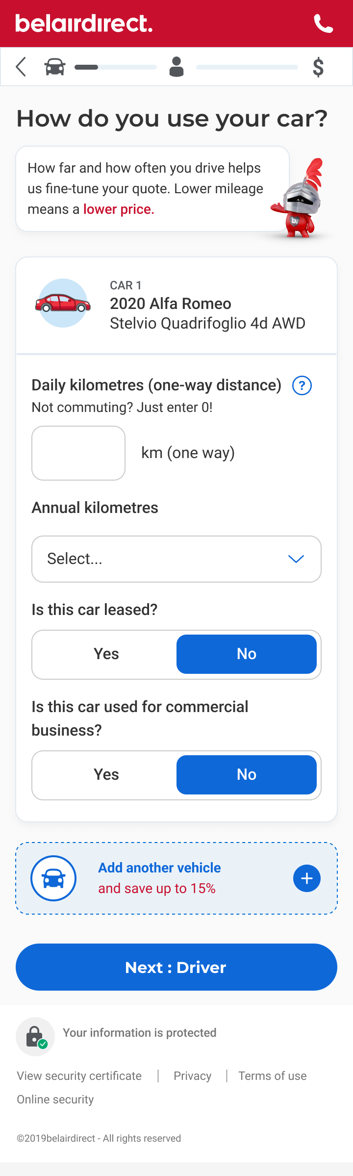 belairdirect mobile screen: Your insurance, your way - kilometres