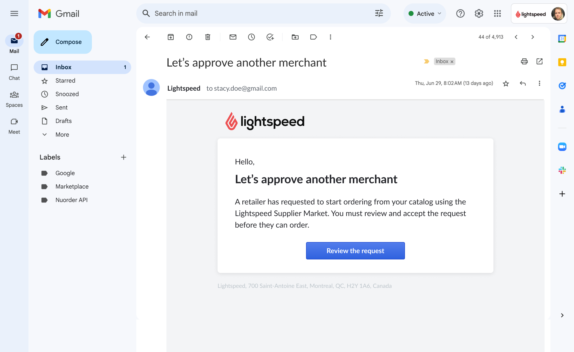 Email notification reading Let's approve another merchant, telling the supplier a retailer has requested to order and must be reviewed and accepted first