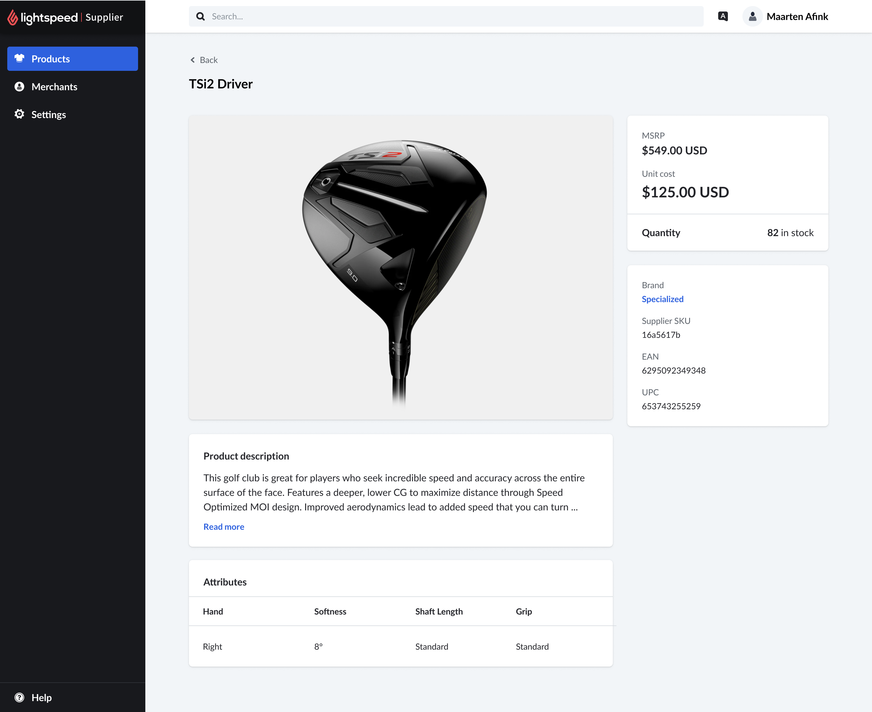 Product detail preview for the TSi2 Driver showing imagery, MSRP, unit cost, quantity in stock, brand, identifiers, description, and attributes