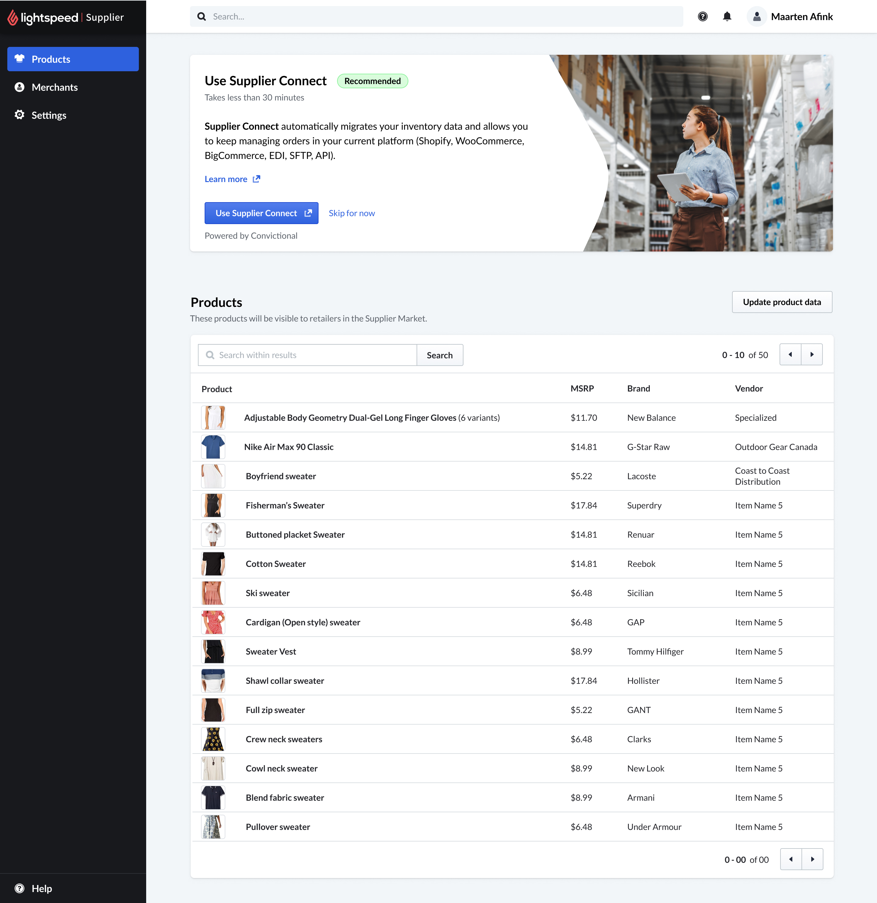 Products view with the Supplier Connect banner and an update product data action