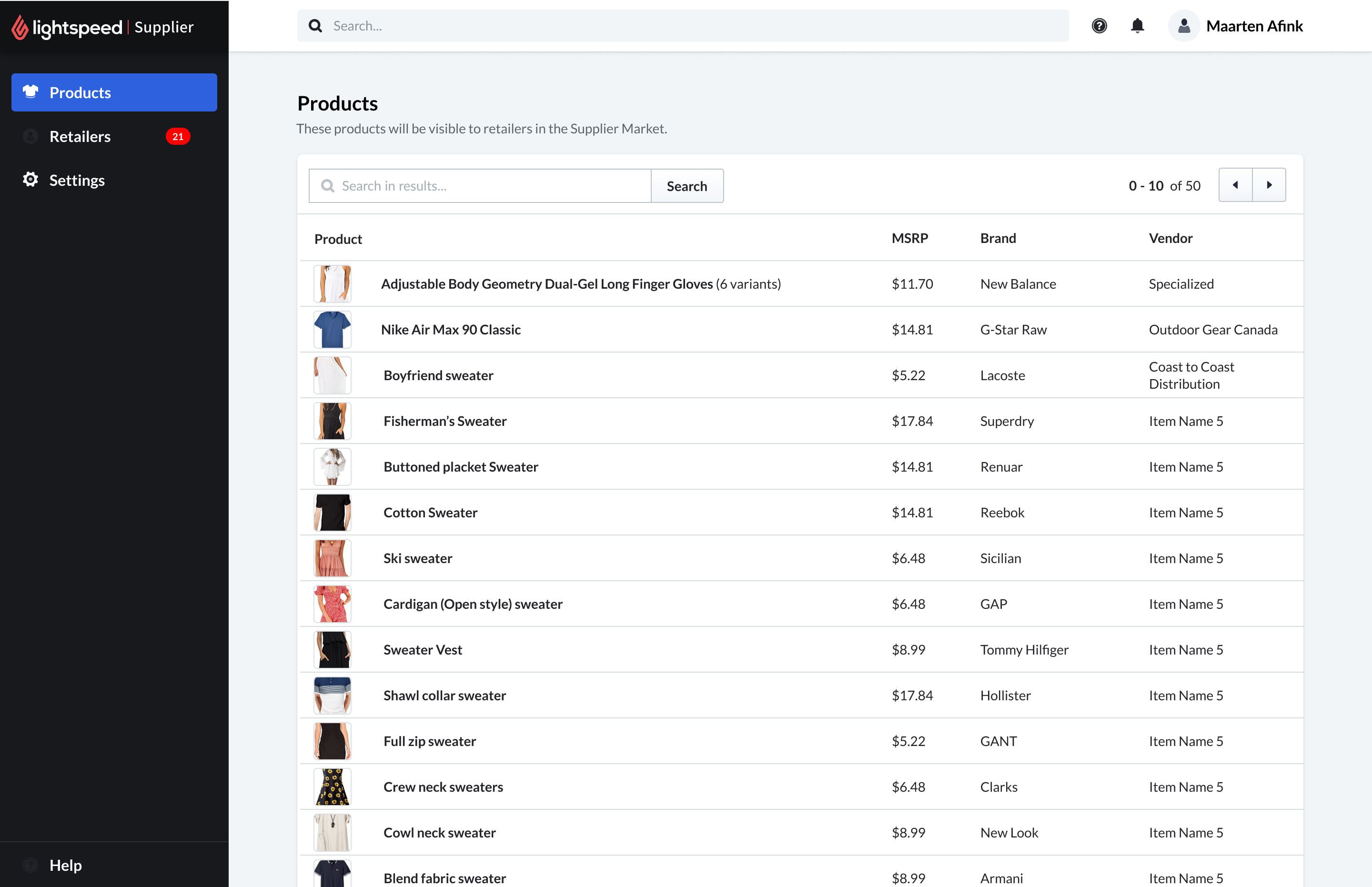Products list in the Supplier Back Office showing imported catalog with MSRP, brand, and vendor columns