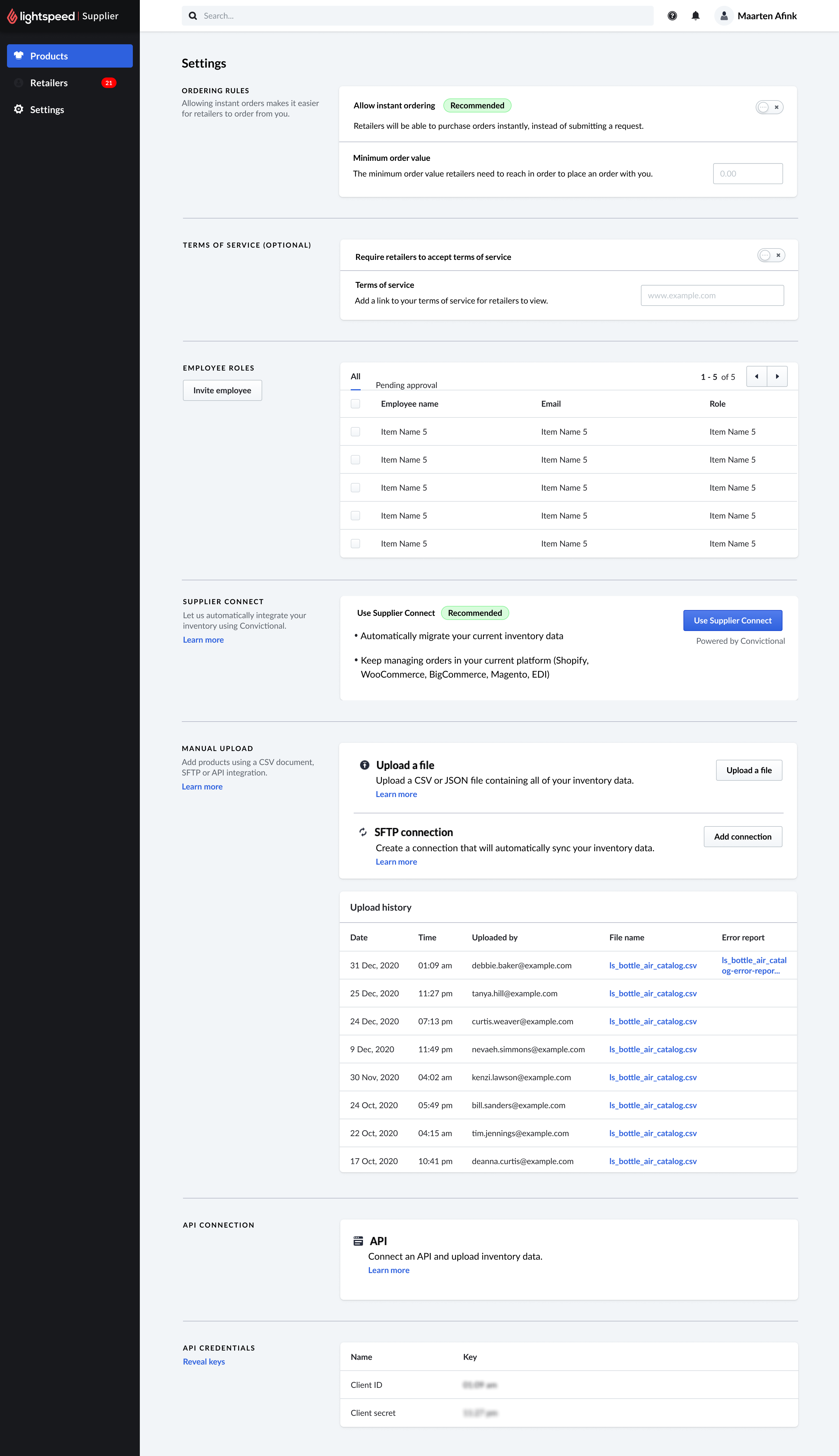 Supplier Back Office settings page showing ordering rules, terms of service, user management, Supplier Connect, manual integration with CSV upload and SFTP, file upload history, and API connection