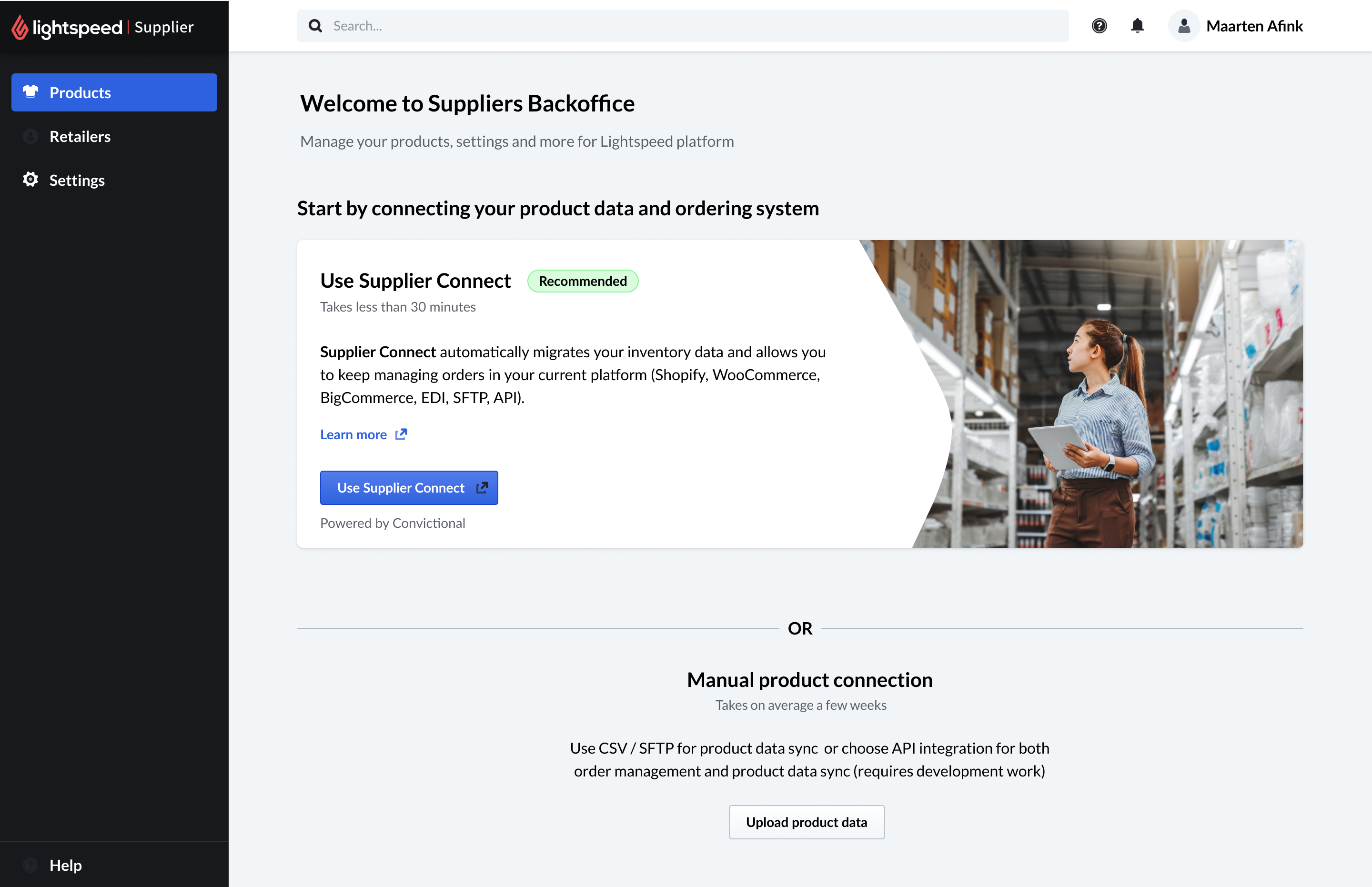 Welcome to Suppliers Backoffice screen presenting Supplier Connect as the recommended option versus manual product connection by CSV, SFTP, or API