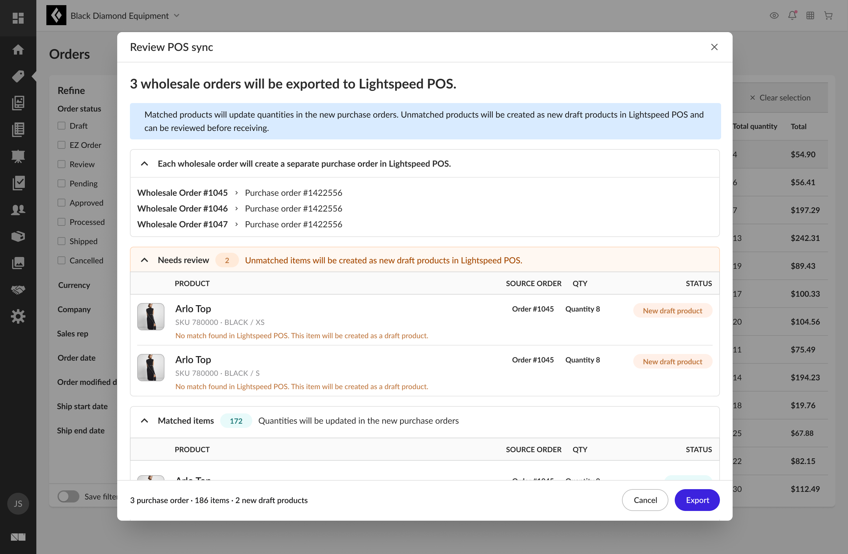 Review POS sync modal exporting three wholesale orders, each mapped to its own purchase order