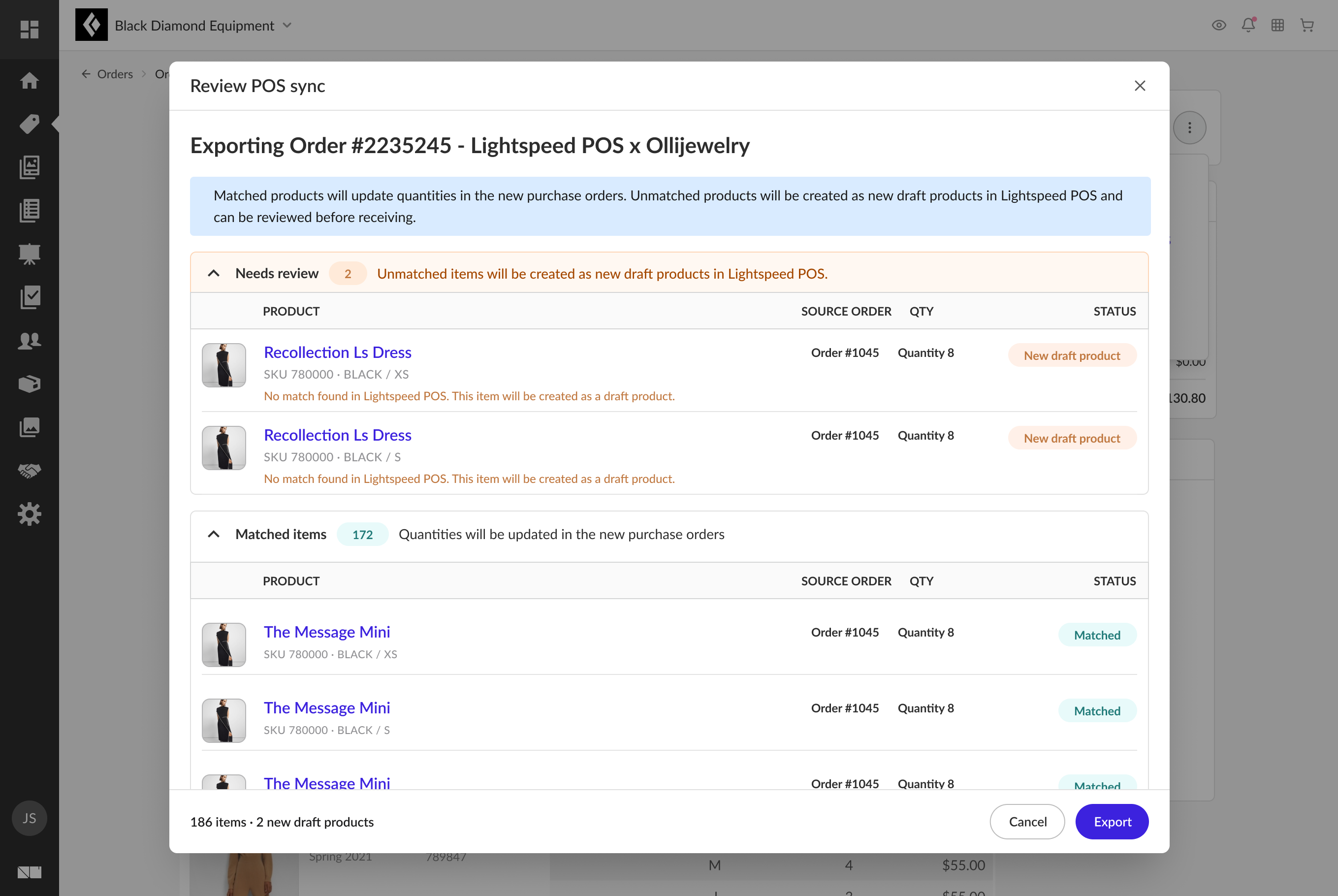 Review POS sync modal exporting a single order with needs-review and matched item groups