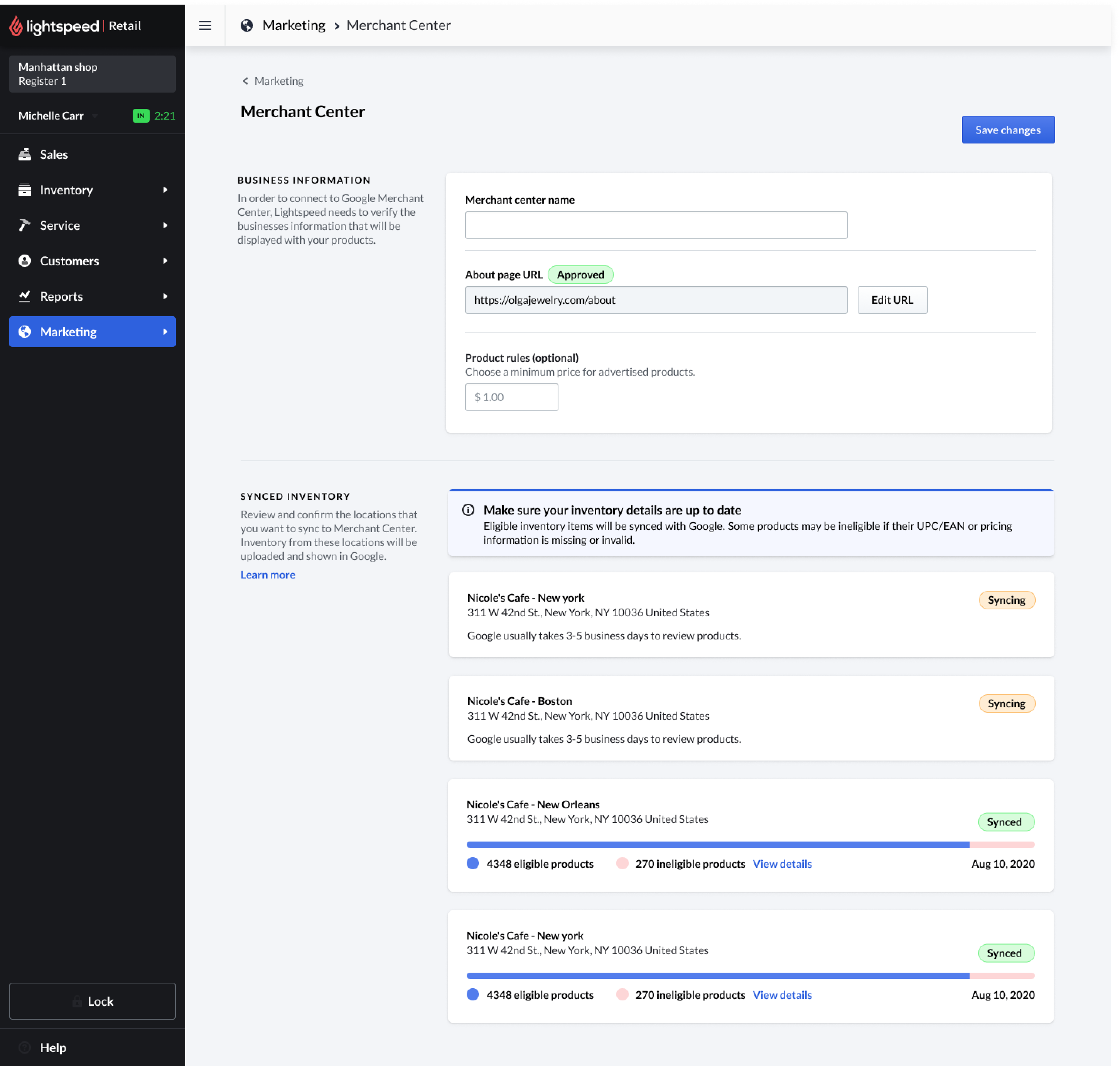 Google Merchant Center setup and synced inventory locations