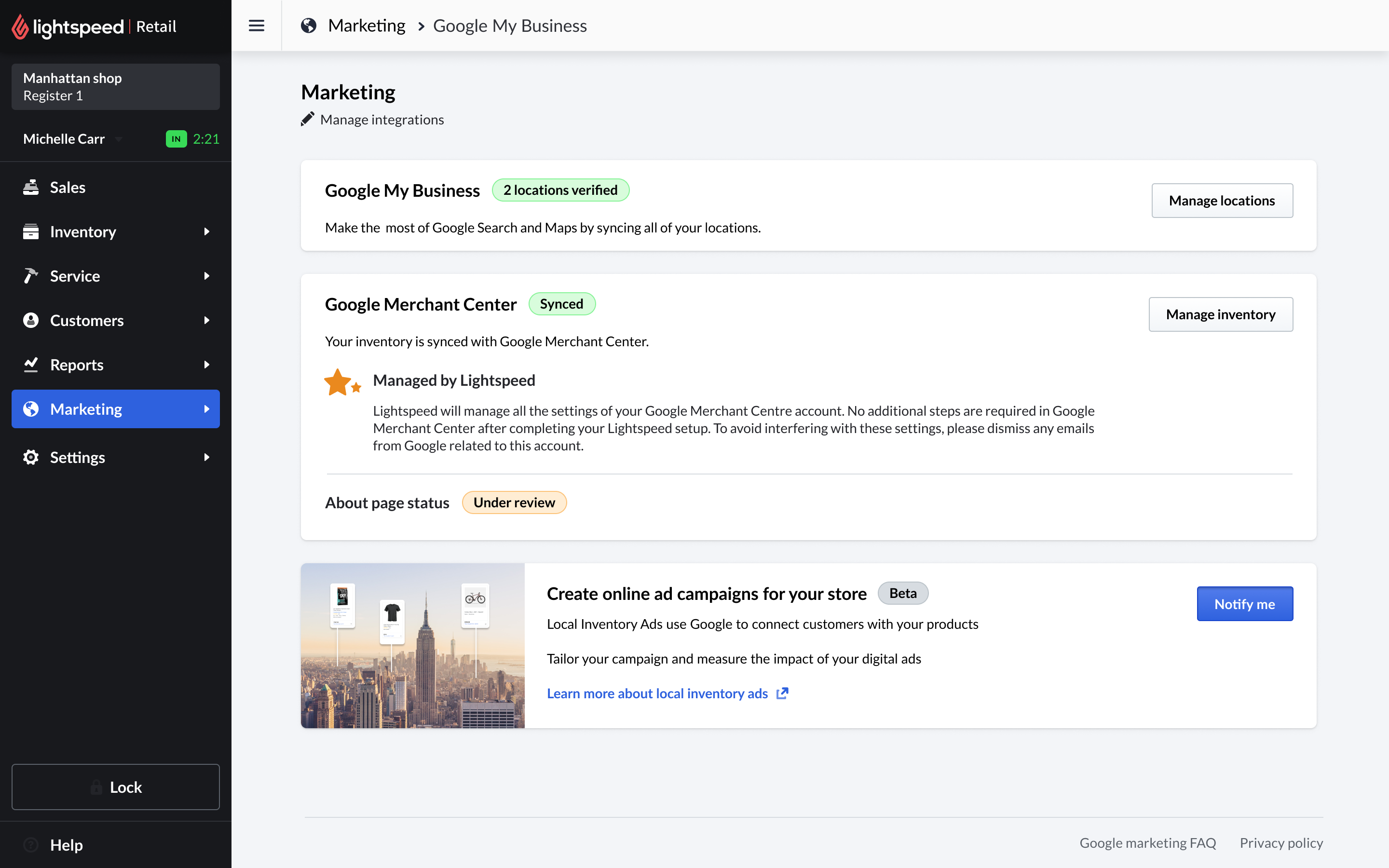 Marketing hub with verified locations and synced Merchant Center