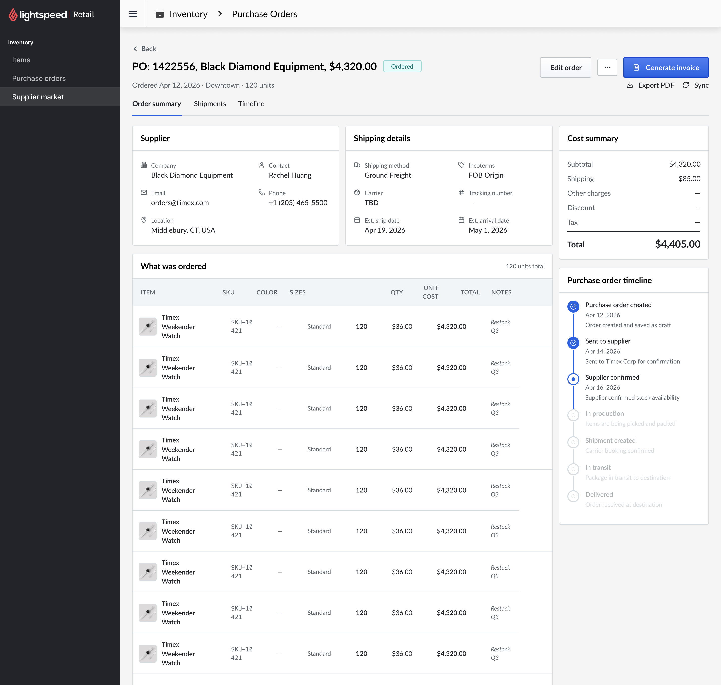 Purchase order details mockup