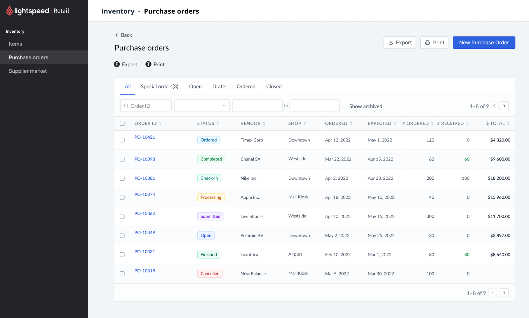 Purchase orders list mockup