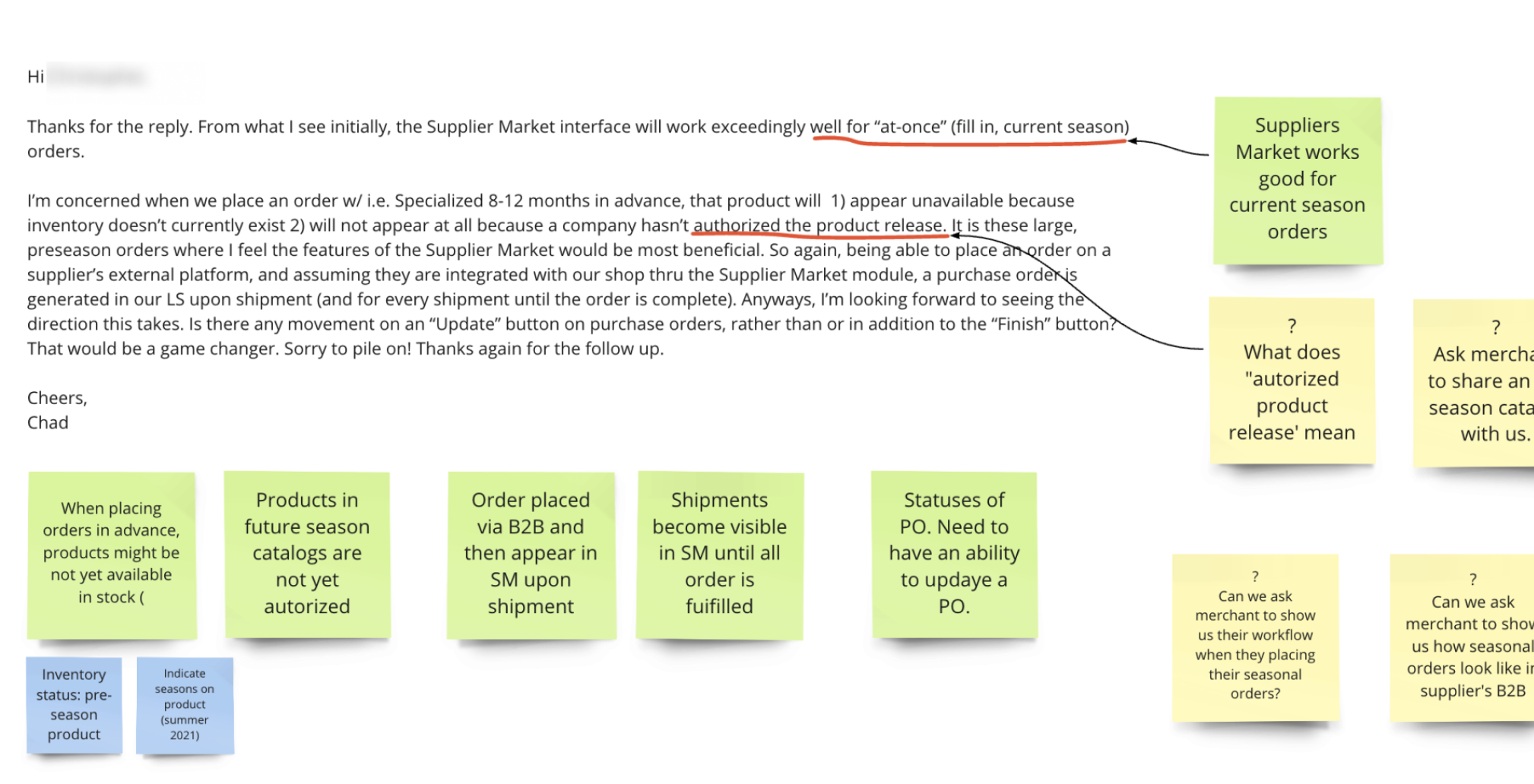 A follow-up email from a merchant named Chad about at-once versus preseason ordering and an Update button on purchase orders, mapped to green insight notes and yellow open-question notes