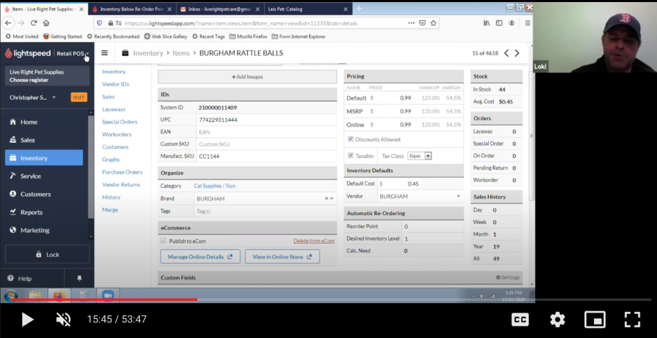 Screenshot from a merchant user-interview recording: the Lightspeed Retail POS inventory item screen on screen-share, with the participant on camera