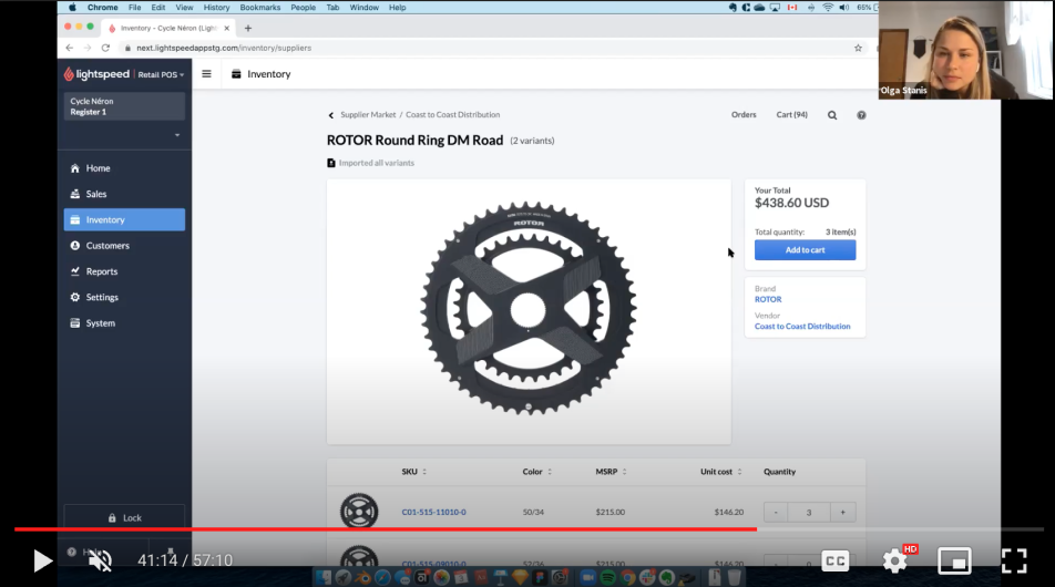 Screenshot from a merchant user-interview recording: a Supplier Market product page on screen-share, with the participant on camera