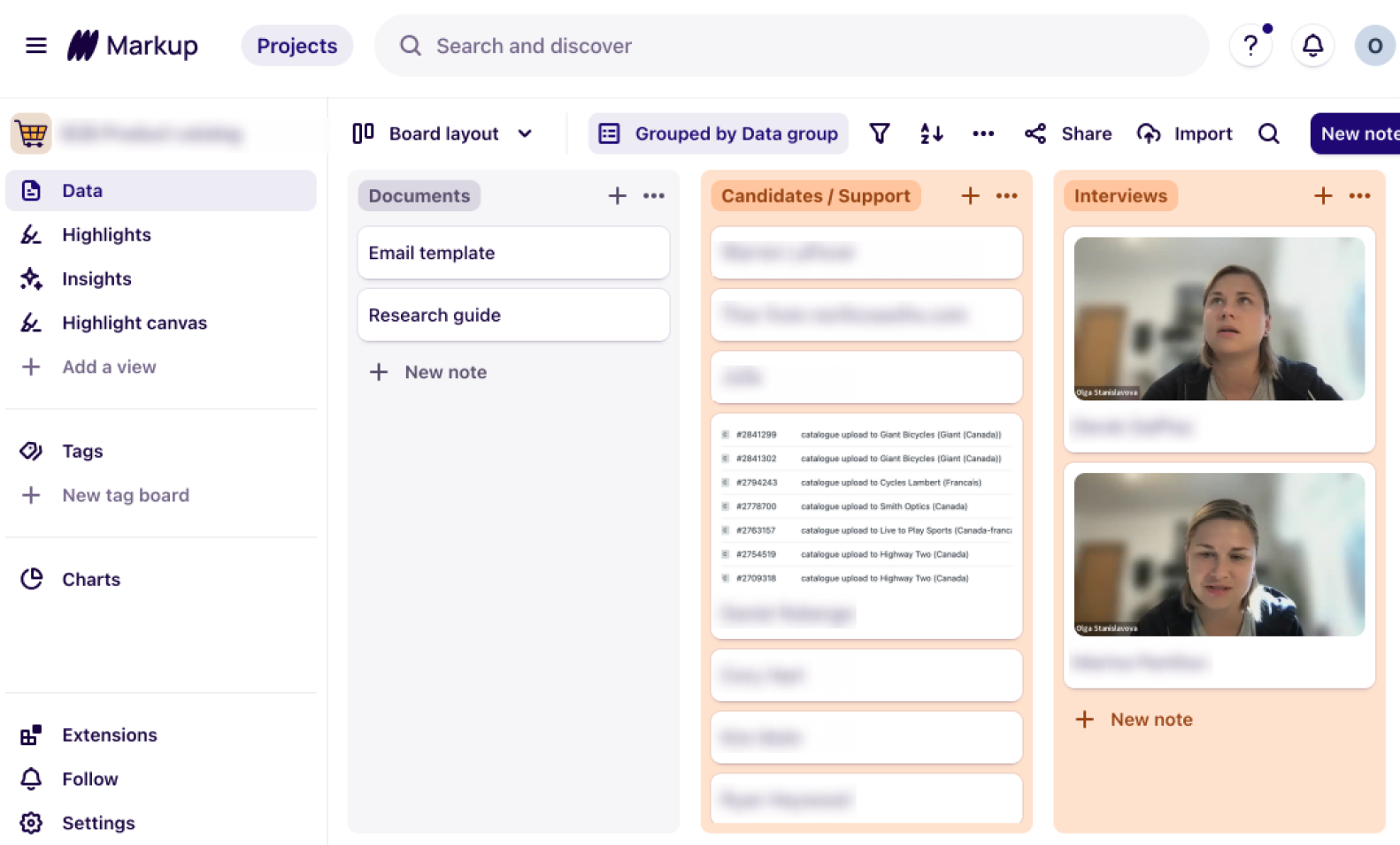 Markup research board with Documents, Candidates / Support, and Interviews columns; the Interviews column holds recorded merchant sessions