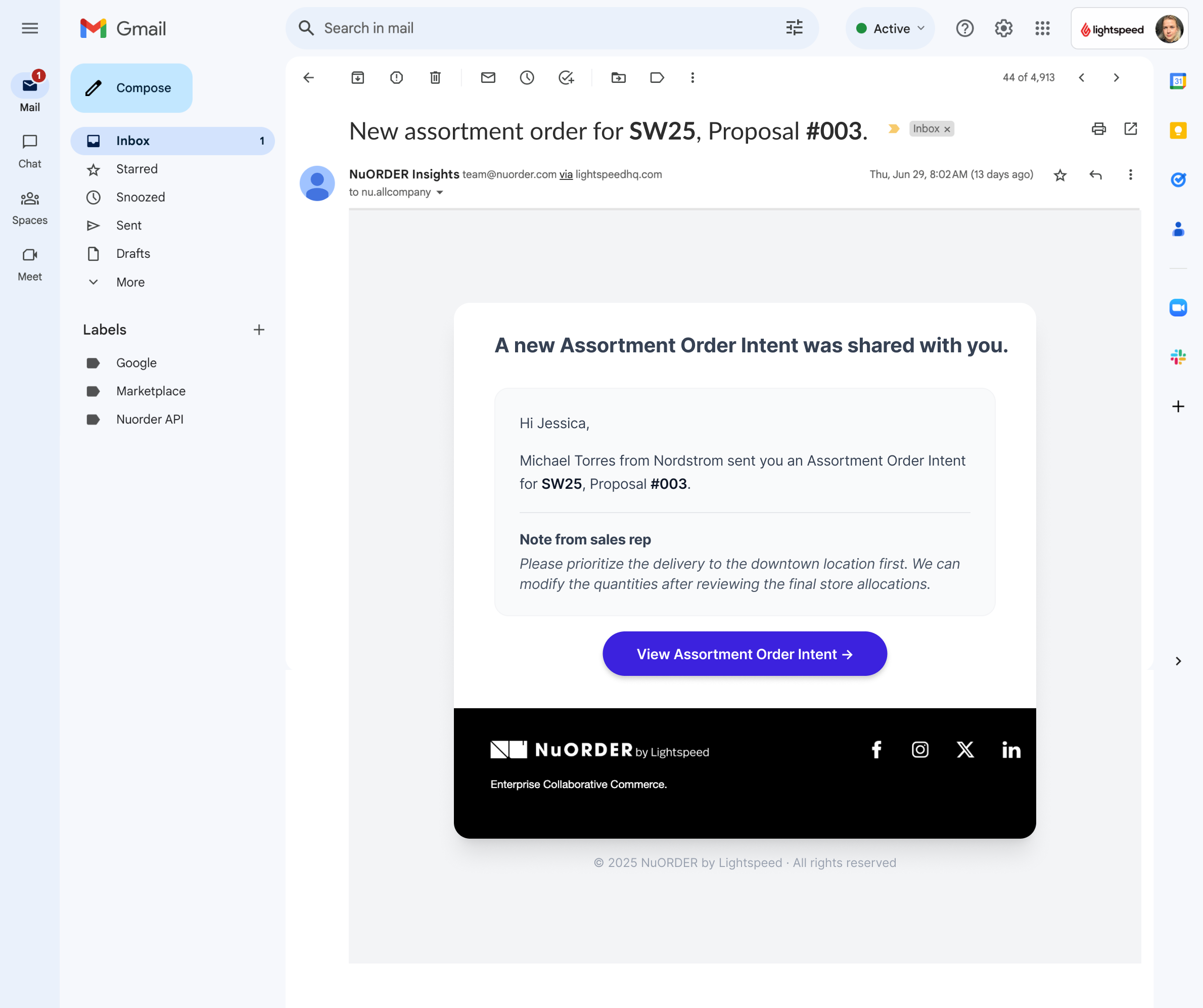 Gmail showing the NuORDER Assortment Order Intent notification email with a View Assortment Order Intent button