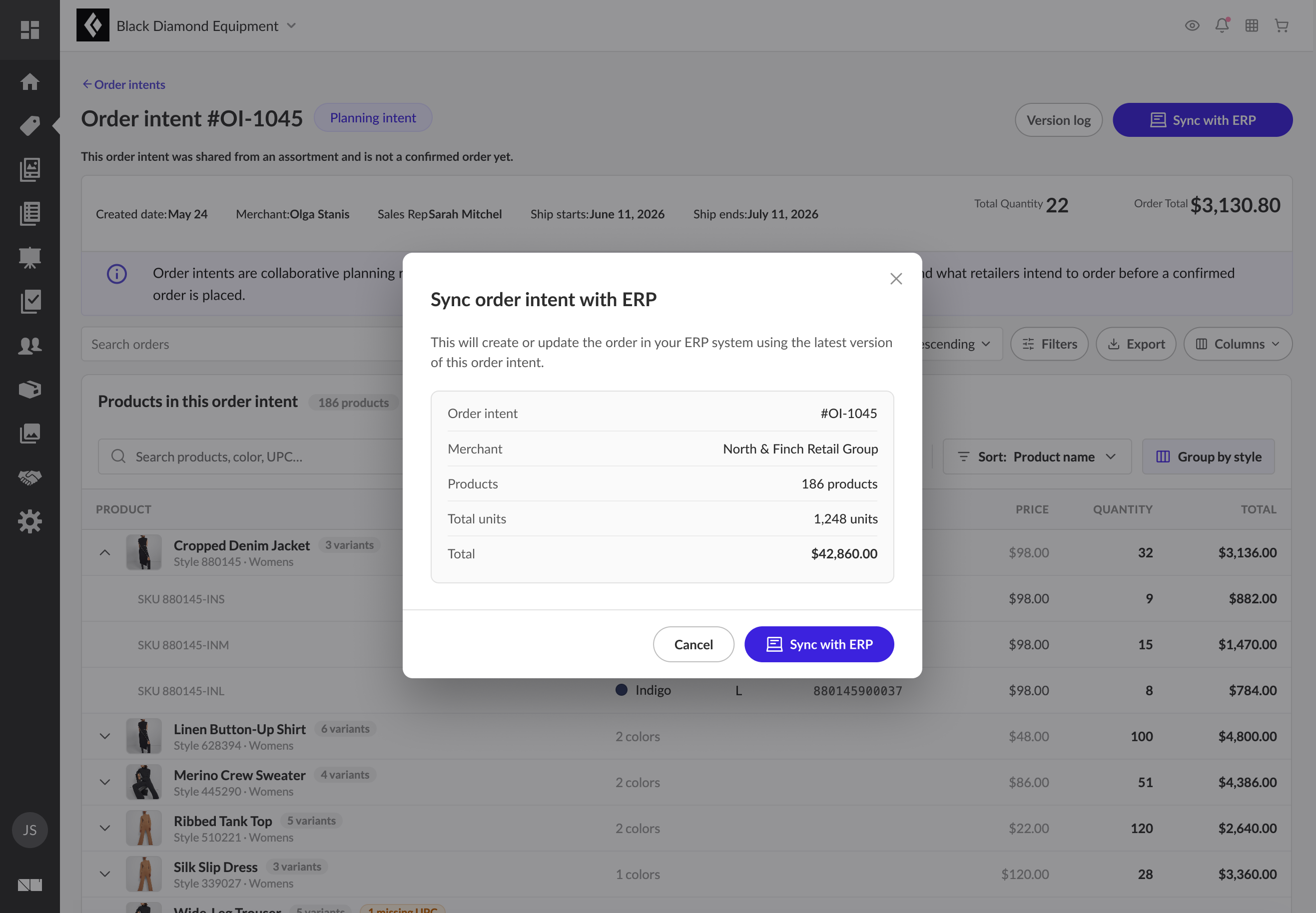 Order Intent detail page with the Sync order intent with ERP modal open, summarizing the intent, merchant, product and unit counts, and total before creating or updating the order in the brand's ERP system