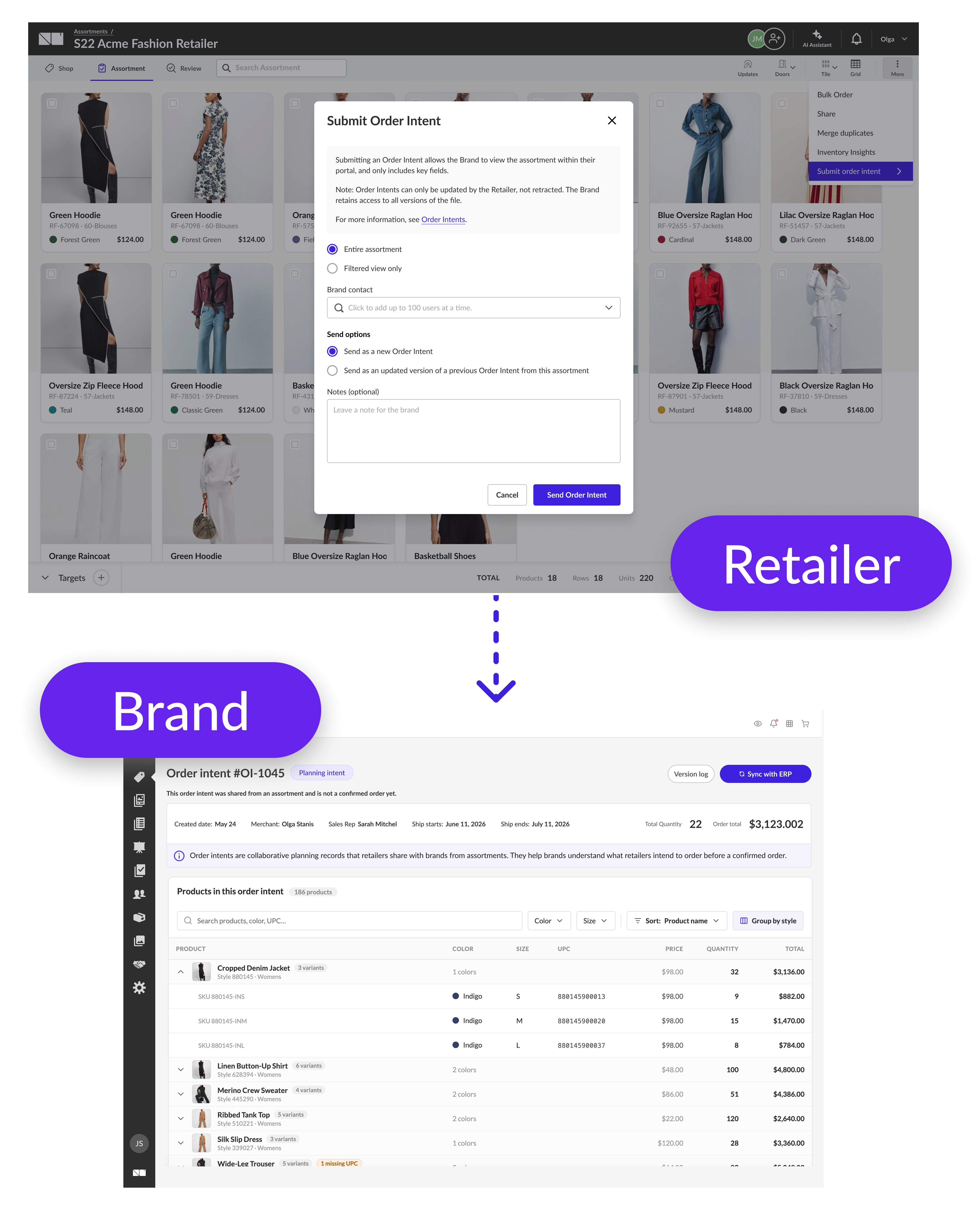 NuORDER Order Intent - a retailer submitting an order intent from an assortment, handed off to the brand's order intent view
