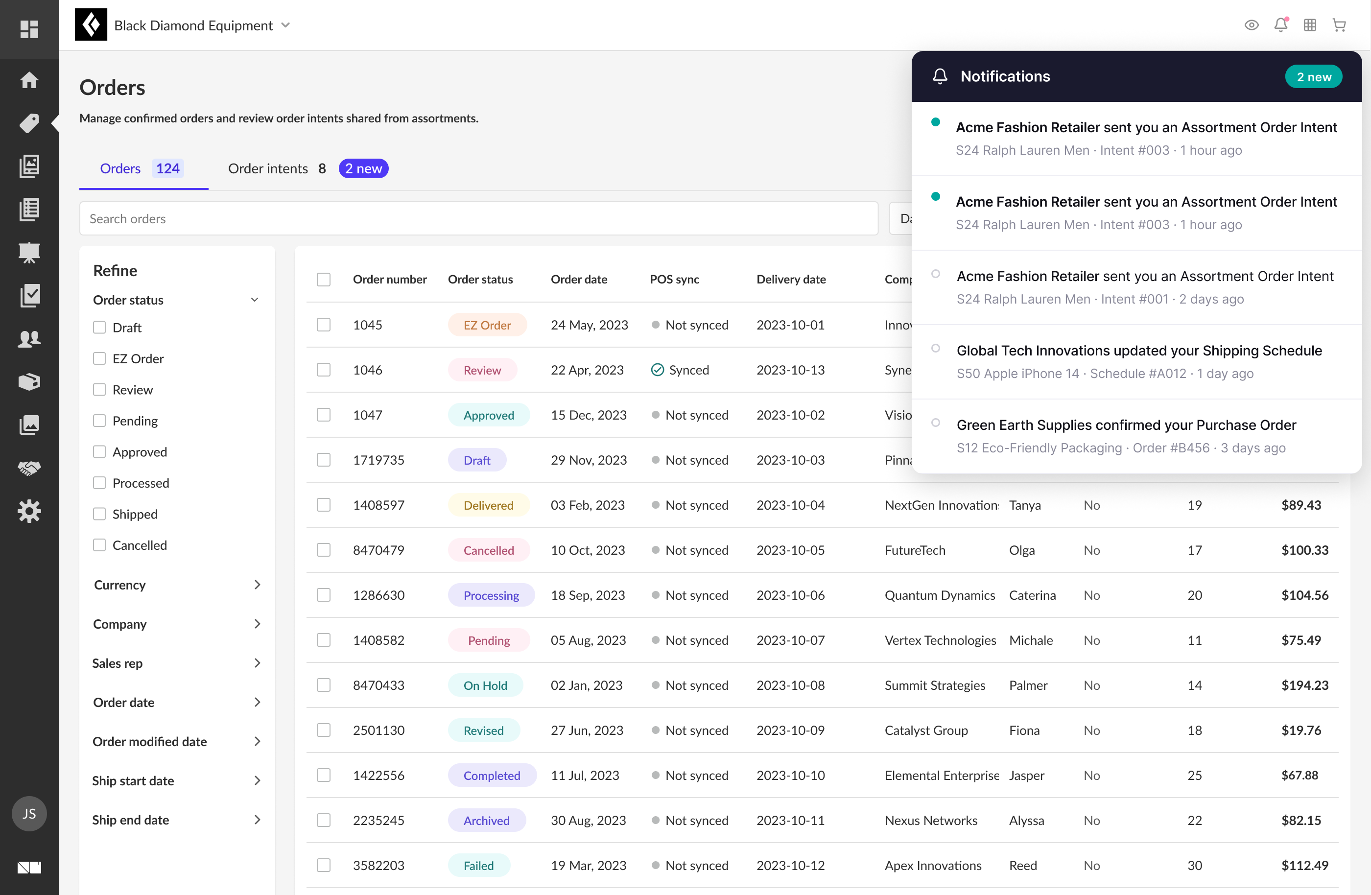 NuORDER B2B platform with the notifications panel open showing new Assortment Order Intent alerts