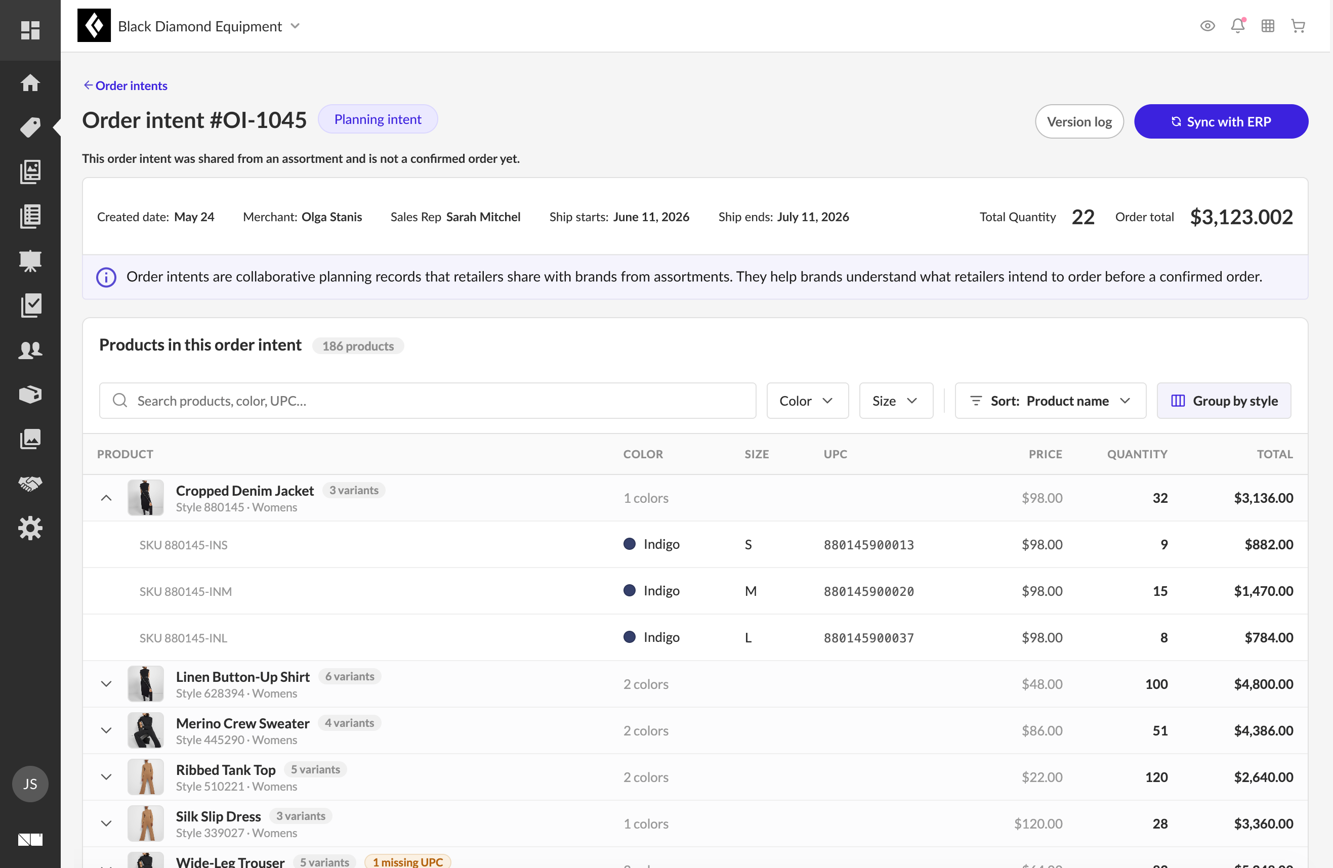 Order Intent detail page showing merchant, buyer, rep, ship dates, version log, and a line-item table of products with color, size, UPC, price, and quantity