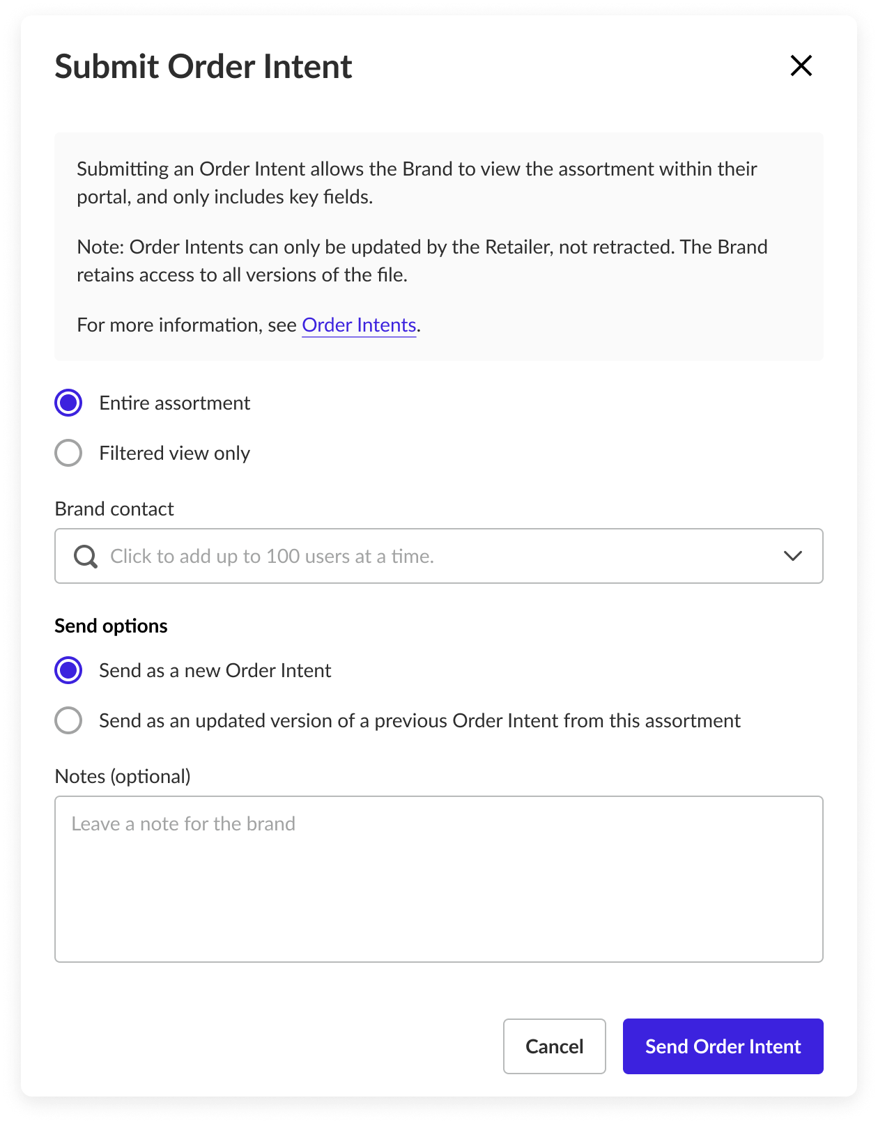 Submit Order Intent modal with Send as a new Order Intent selected