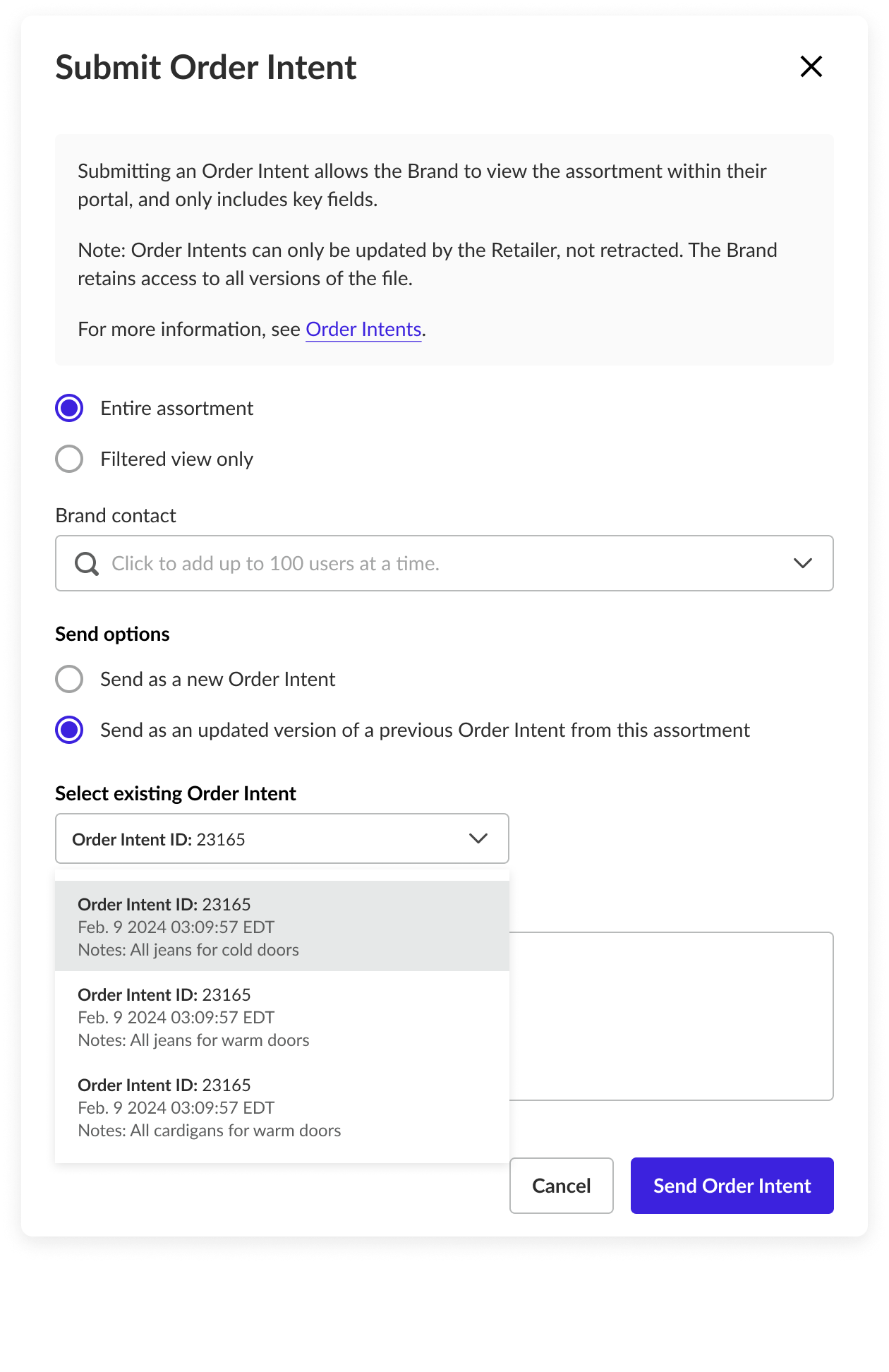 Submit Order Intent modal with Send as an updated version selected and the Select existing Order Intent dropdown open