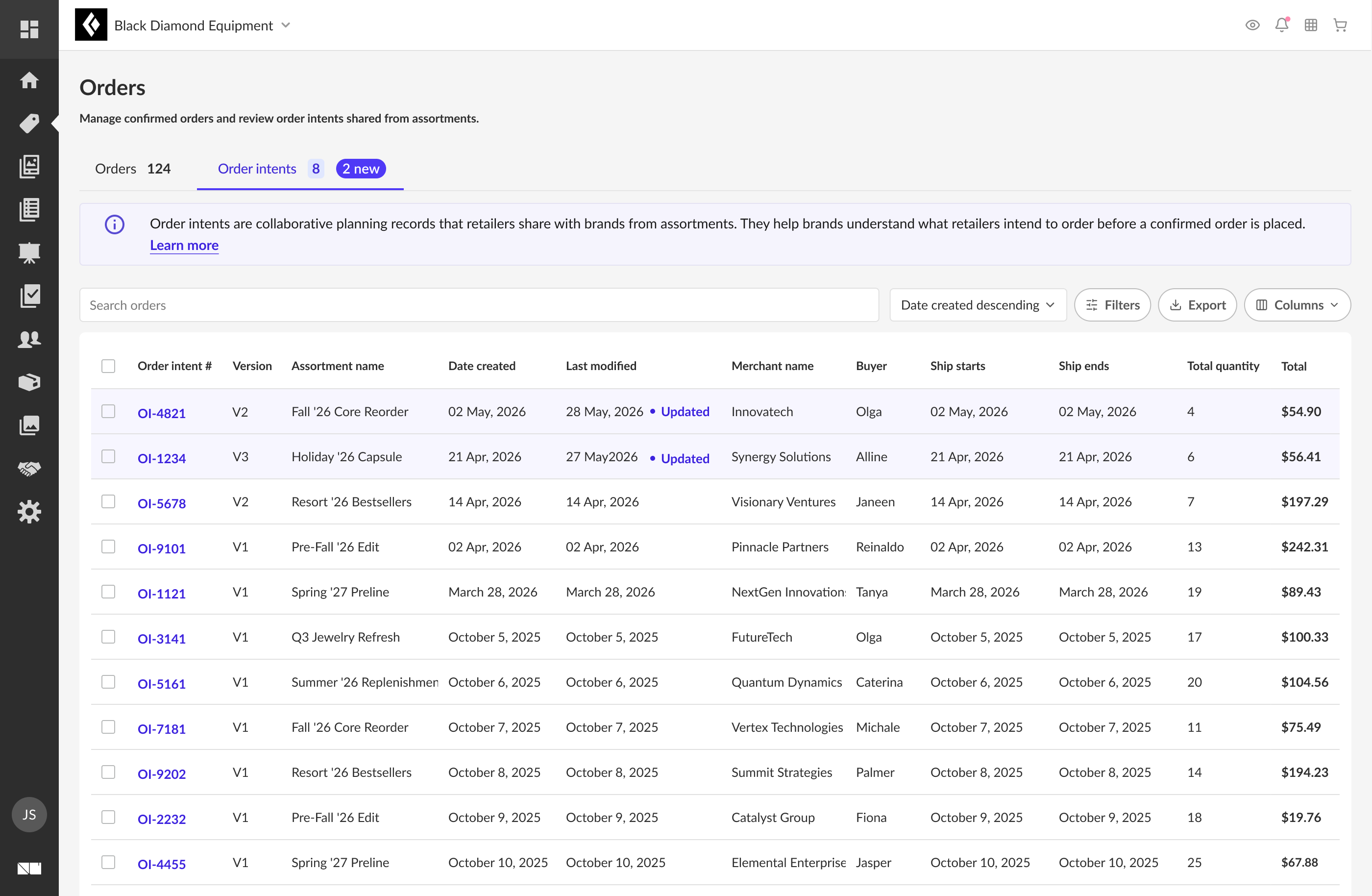 Order intents tab listing versioned intents shared from assortments
