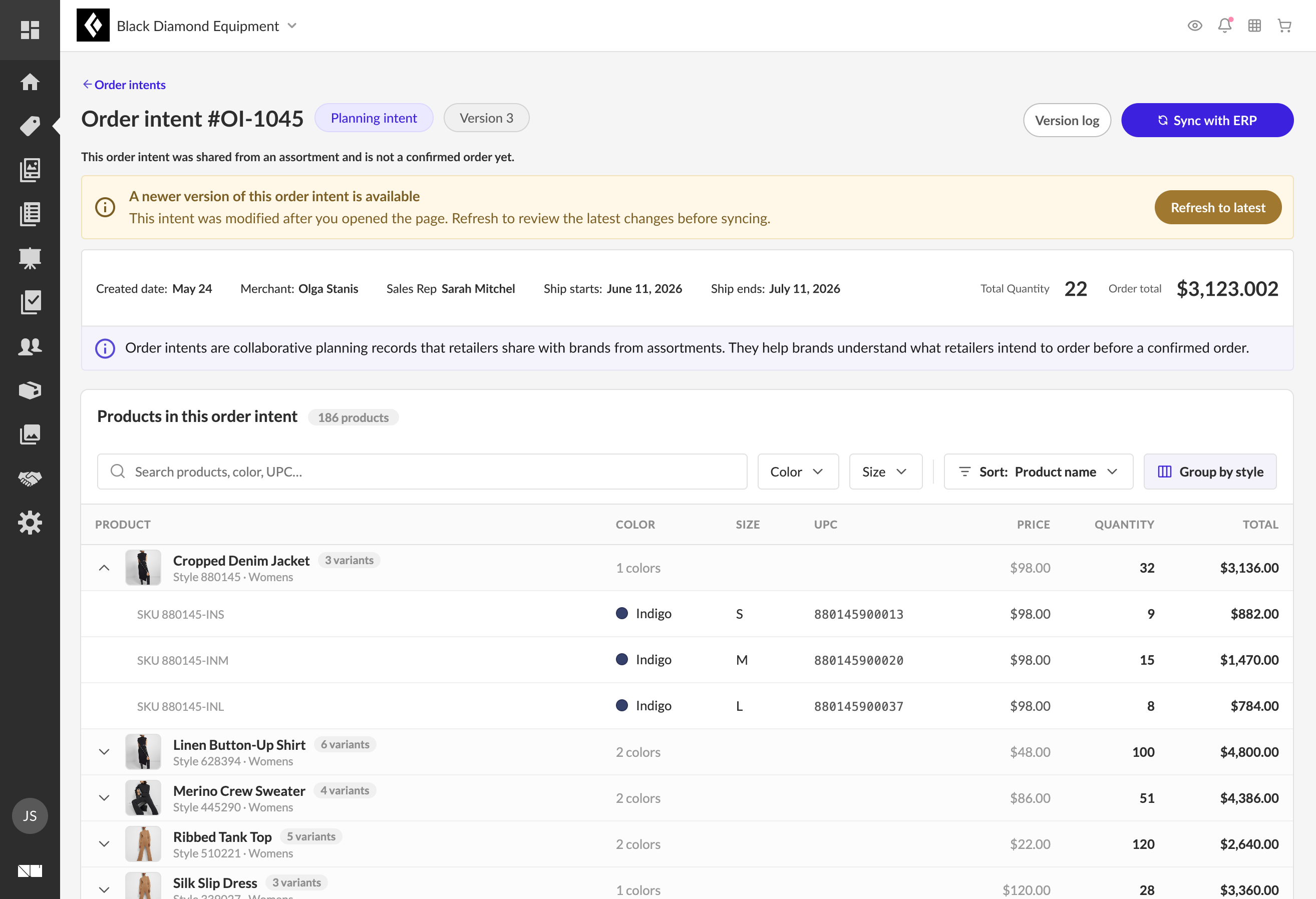 Order Intent detail page for #OI-1045 with an amber banner reading ‘A newer version of this order intent is available - this intent was modified after you opened the page. Refresh to review the latest changes before syncing,’ and a Refresh to latest button