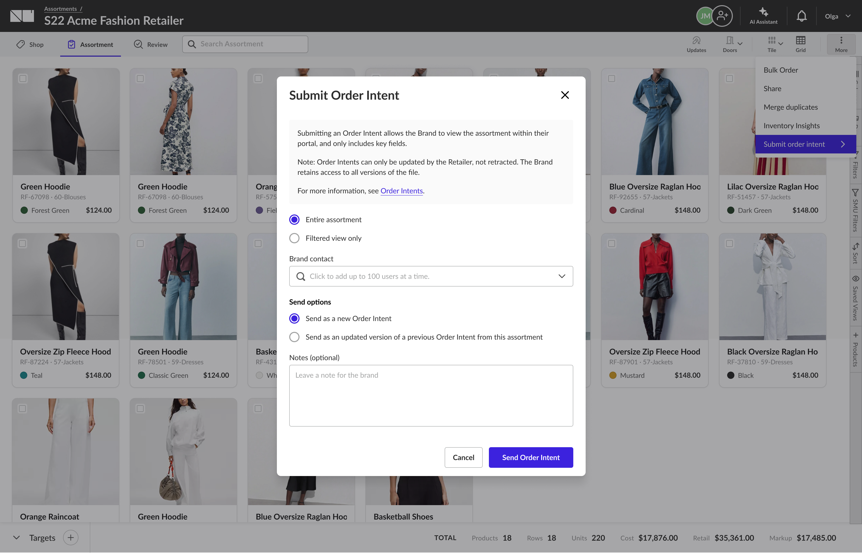 Submit Order Intent full modal open over the NuORDER Assortments grid, with the action menu showing the Submit order intent option