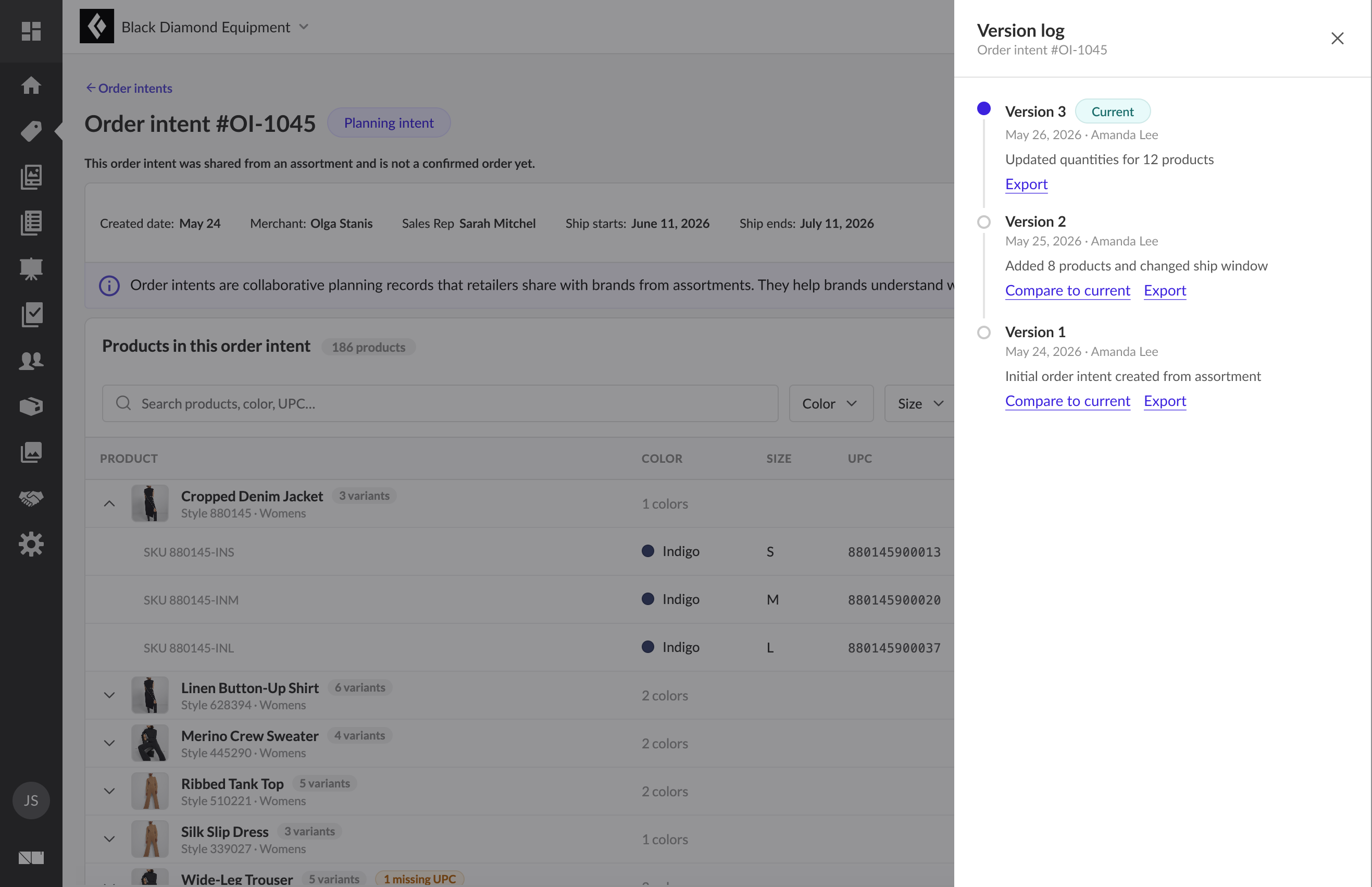 Version log side panel for Order intent #OI-1045 listing three versions, each with date, author, a summary of what changed, and an Export action, with Version 3 marked Current